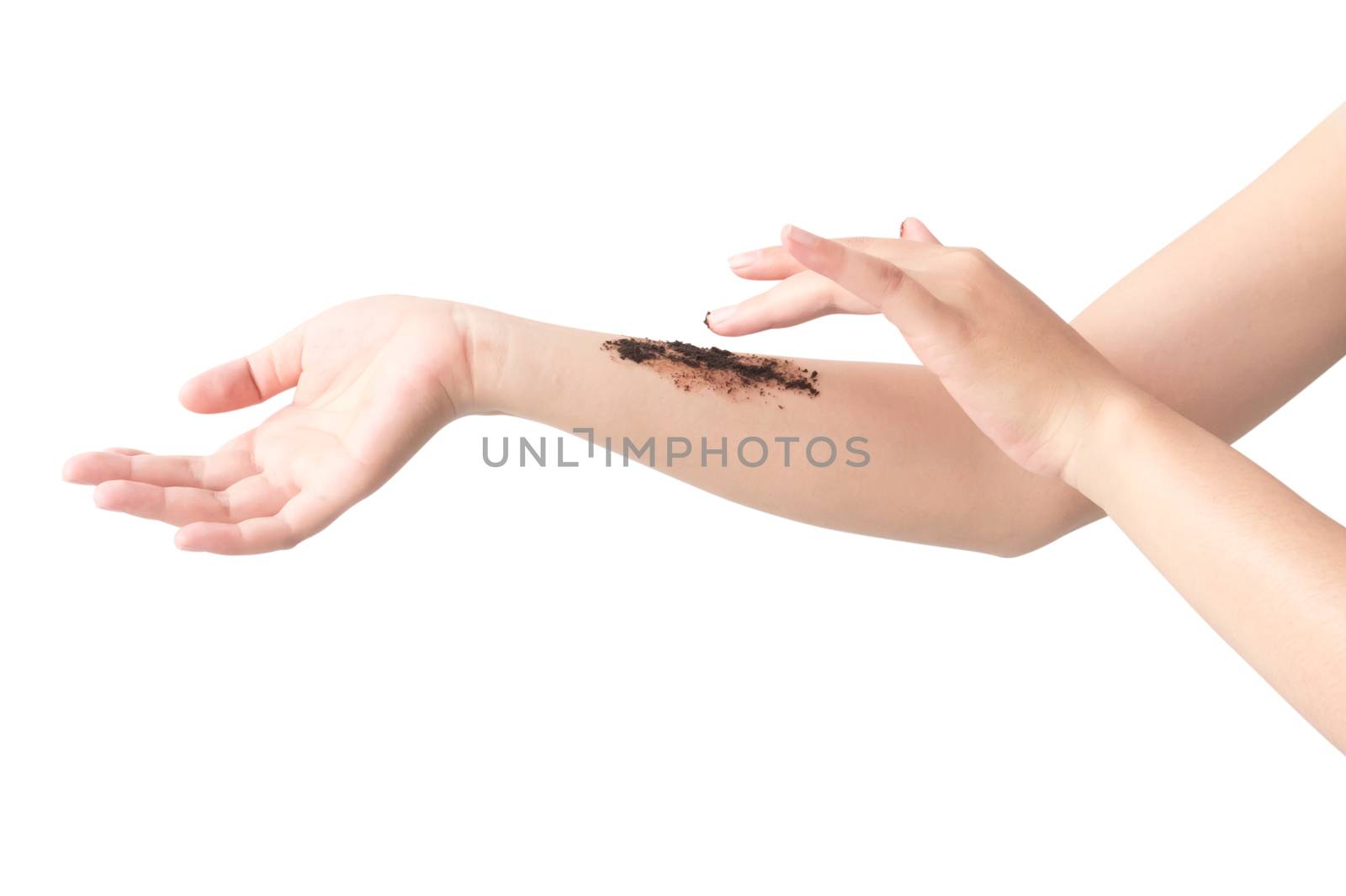 Woman's hand with scrub coffee grounds on skin hand and arm, bea by pt.pongsak@gmail.com