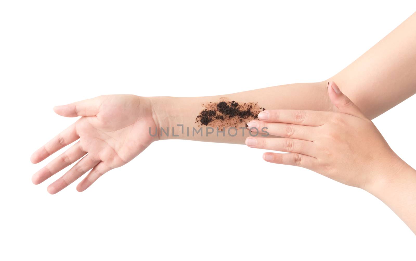 Woman's hand with scrub coffee grounds on skin hand and arm, bea by pt.pongsak@gmail.com