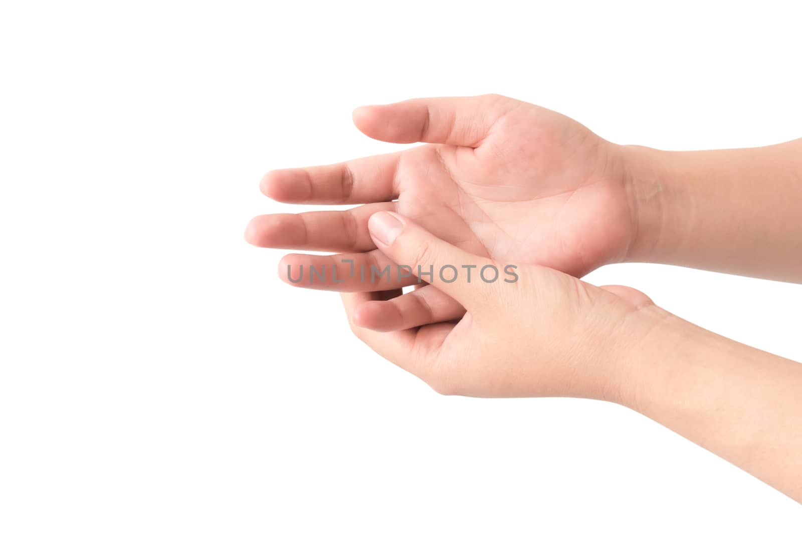 Young woman finger pain isolate on white background