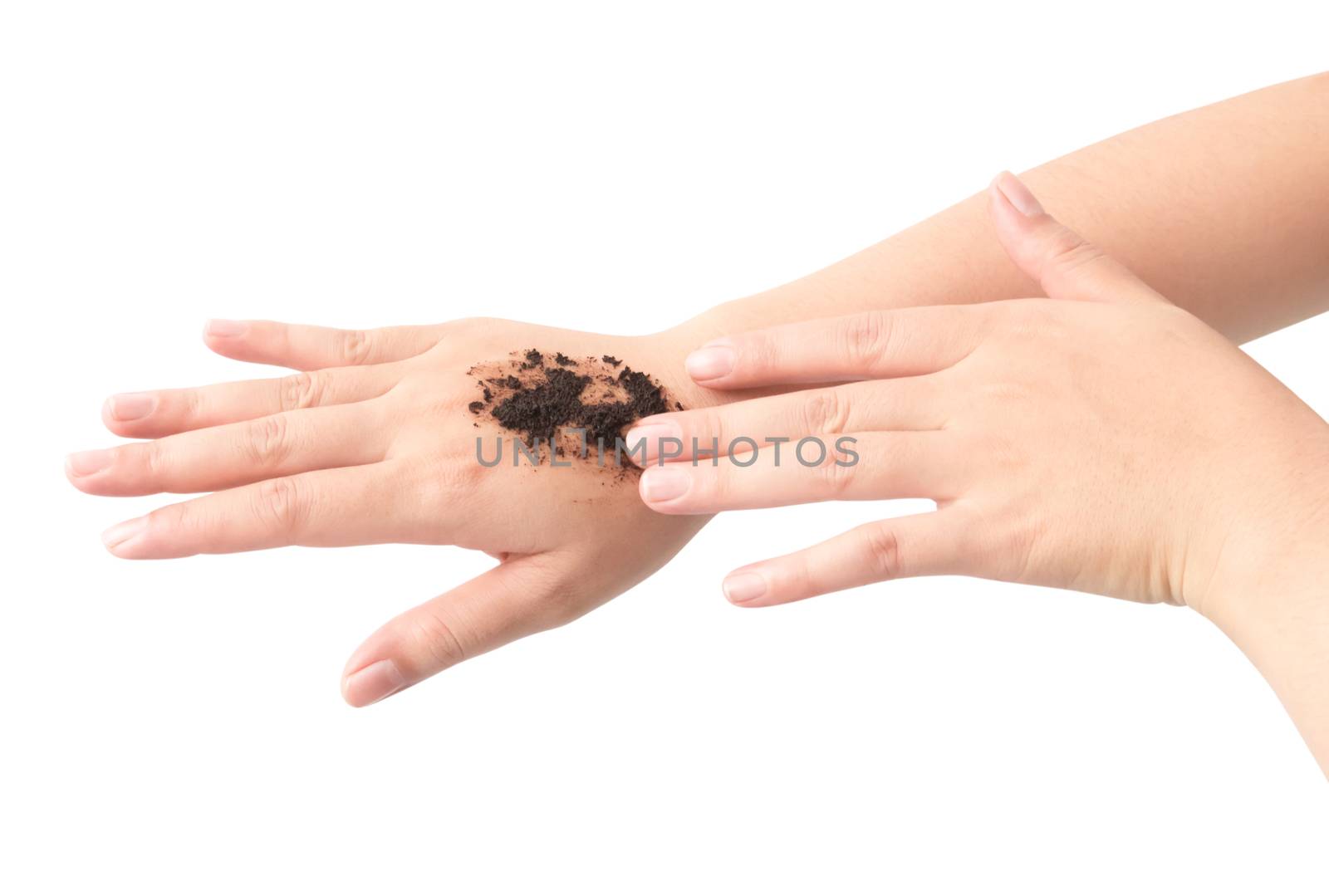 Woman's hand with scrub coffee grounds on skin hand and arm, bea by pt.pongsak@gmail.com