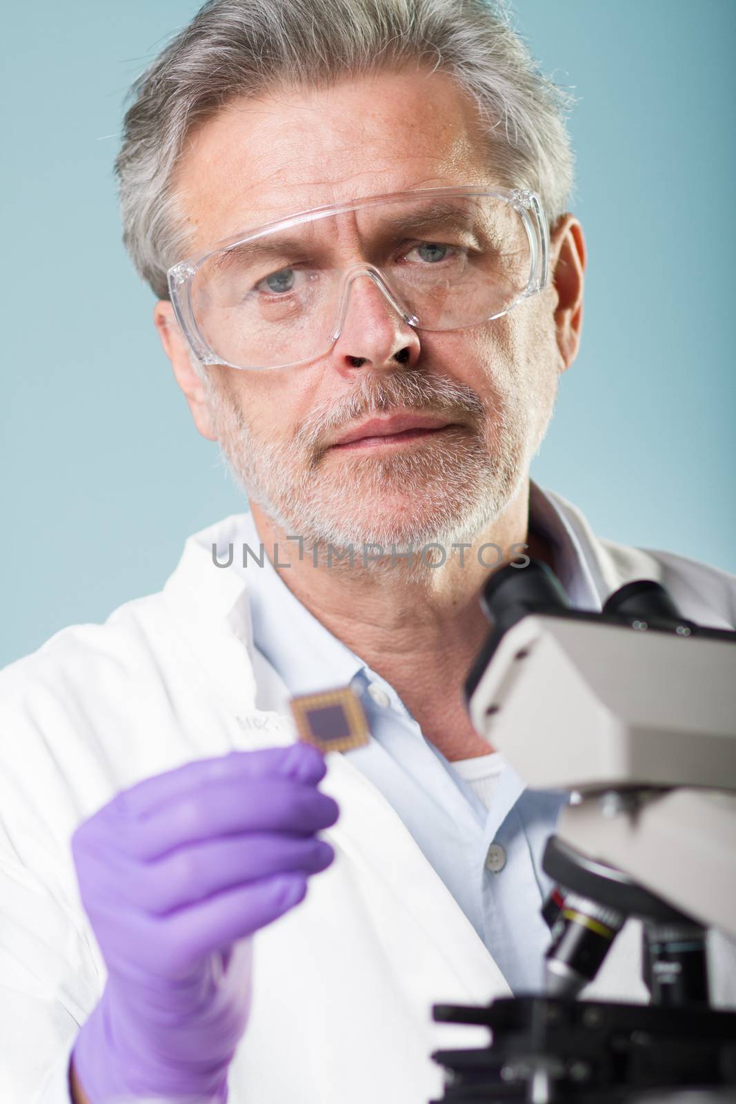 Portrait of senior life science research researching in modern scientific laboratory. Focused senior life science professional holding and observing the micro chip. Lens focus on scientists face.