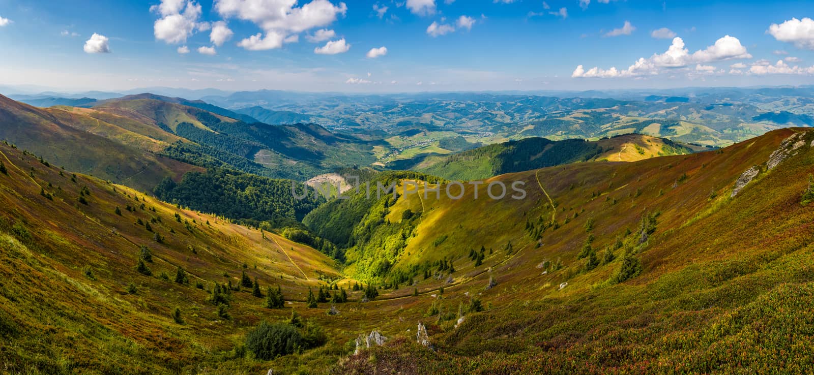 spectacular panoramic view from the top of mountain ridge. gorgeous Carpathian landscape in autumn on a cloudy day
