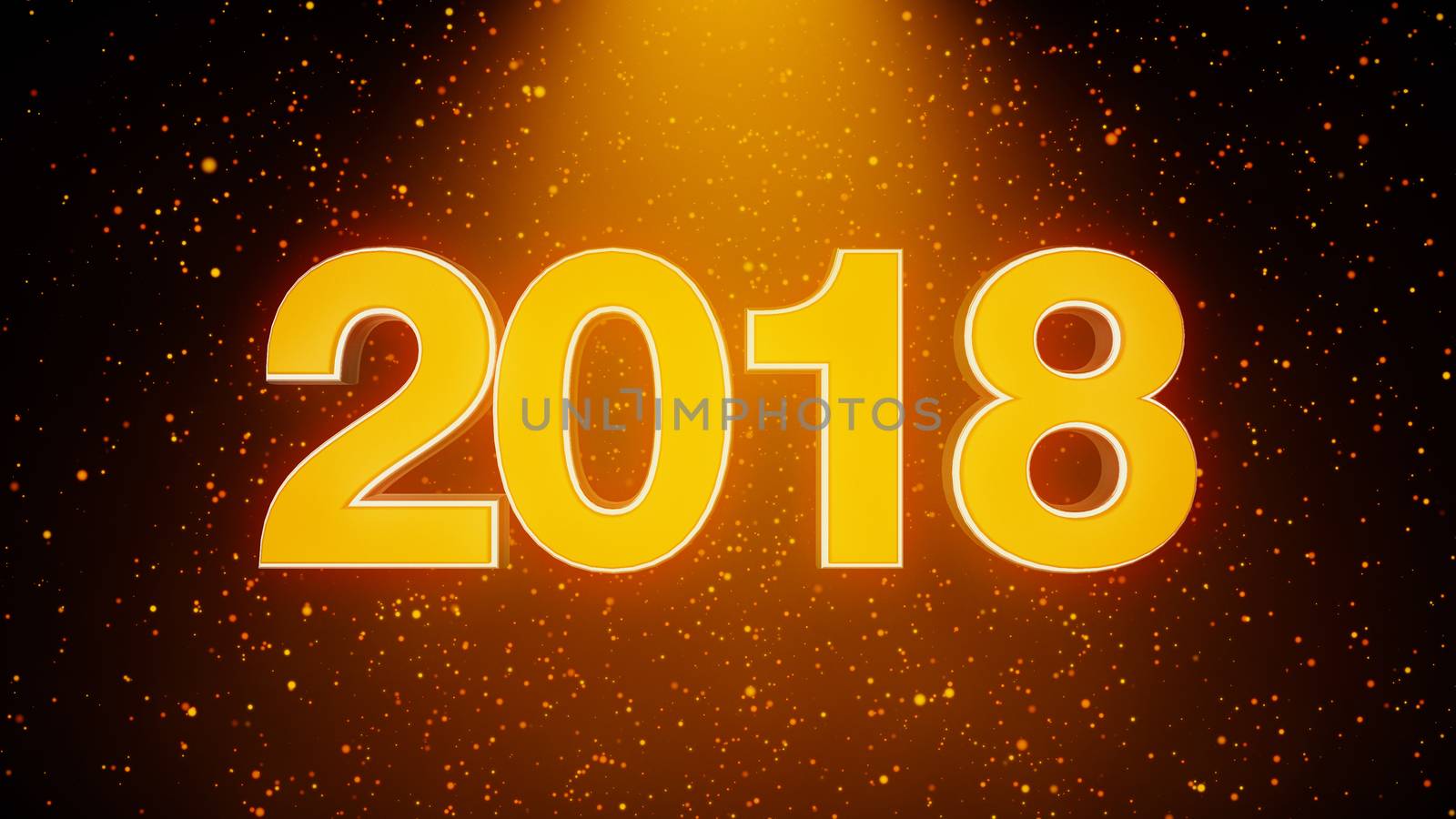 The three-dimensional text 2018 with particles and a light source. New Year composition with rich yellow and orange light. 3D rendering
