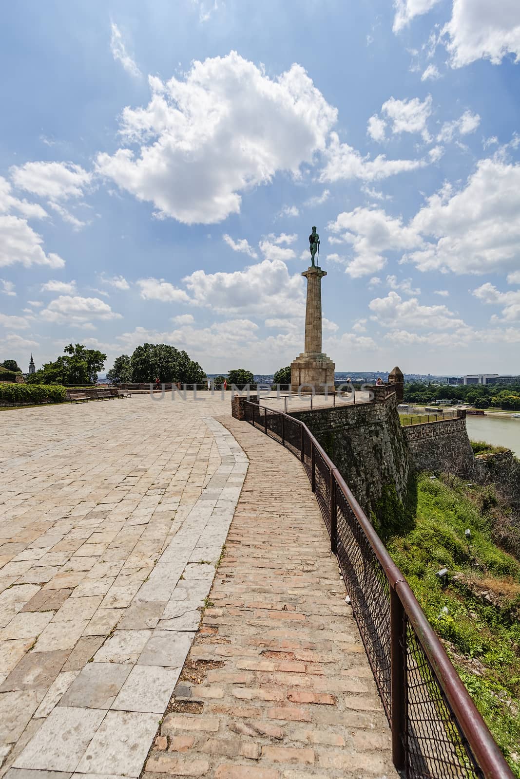 Belgrade medieval walls of fortress and victor monument in day time, Serbia