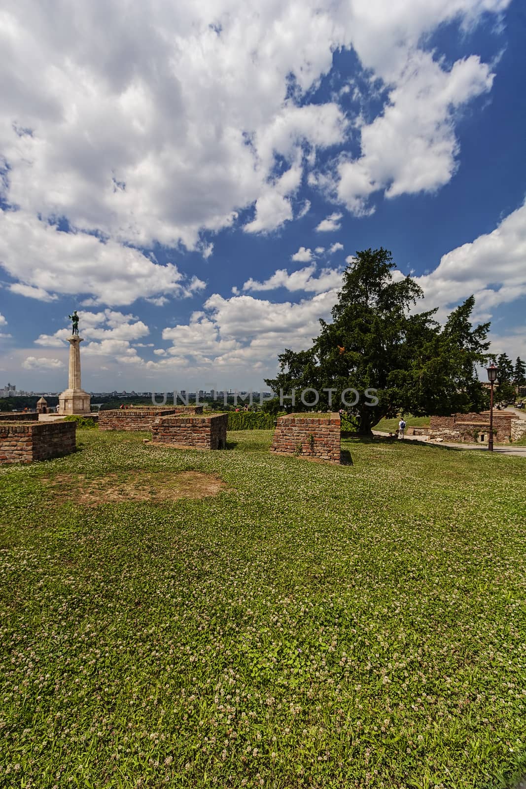 Belgrade medieval walls of fortress and victor monument in day time, Serbia