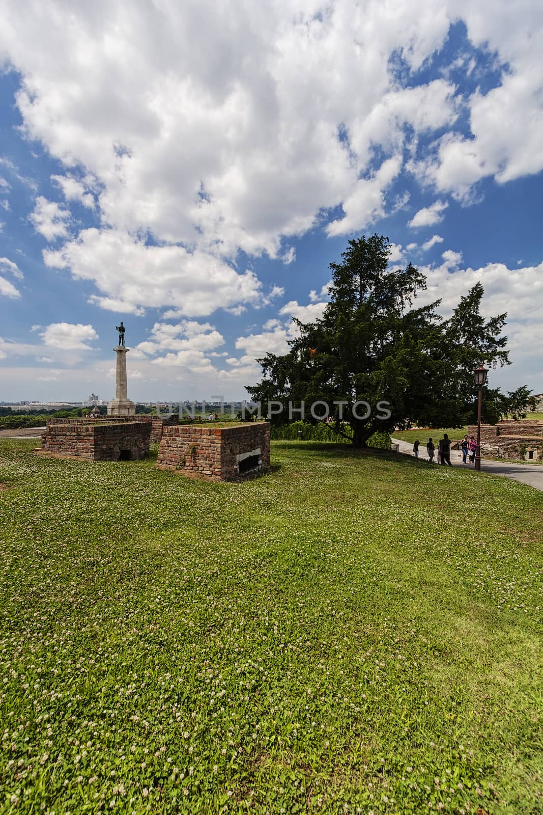 Belgrade medieval walls of fortress and victor monument in day time, Serbia