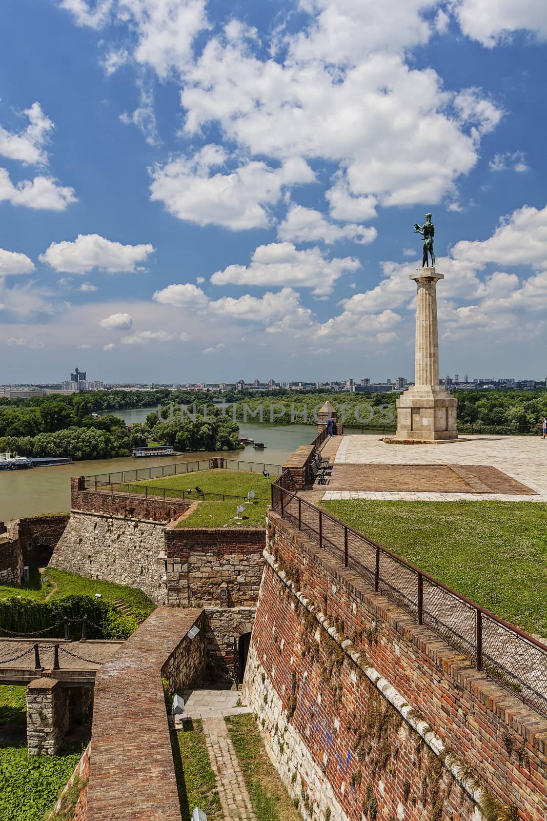 Belgrade medieval walls of fortress and victor monument in day time, Serbia