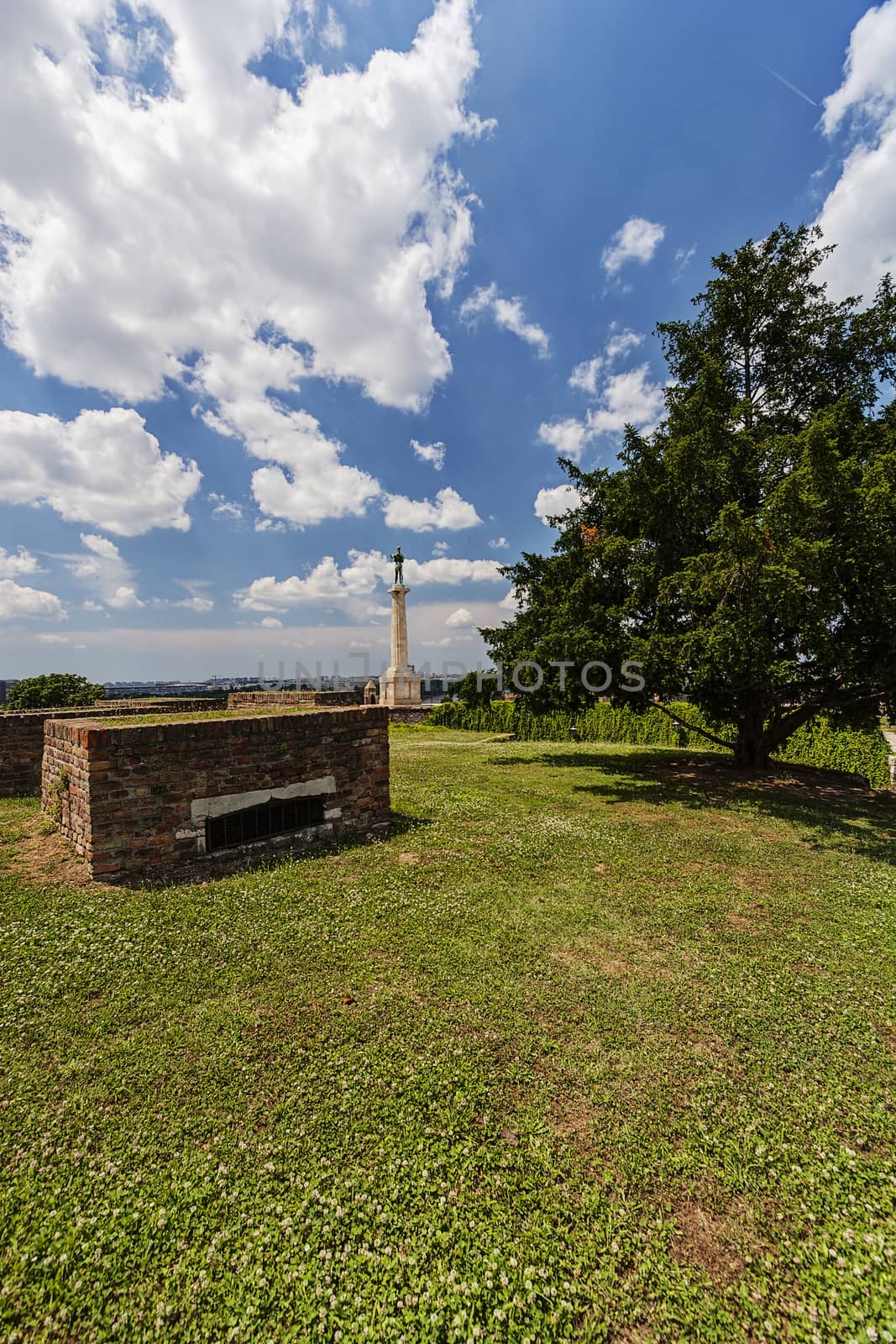 Belgrade medieval walls of fortress and victor monument in day time, Serbia