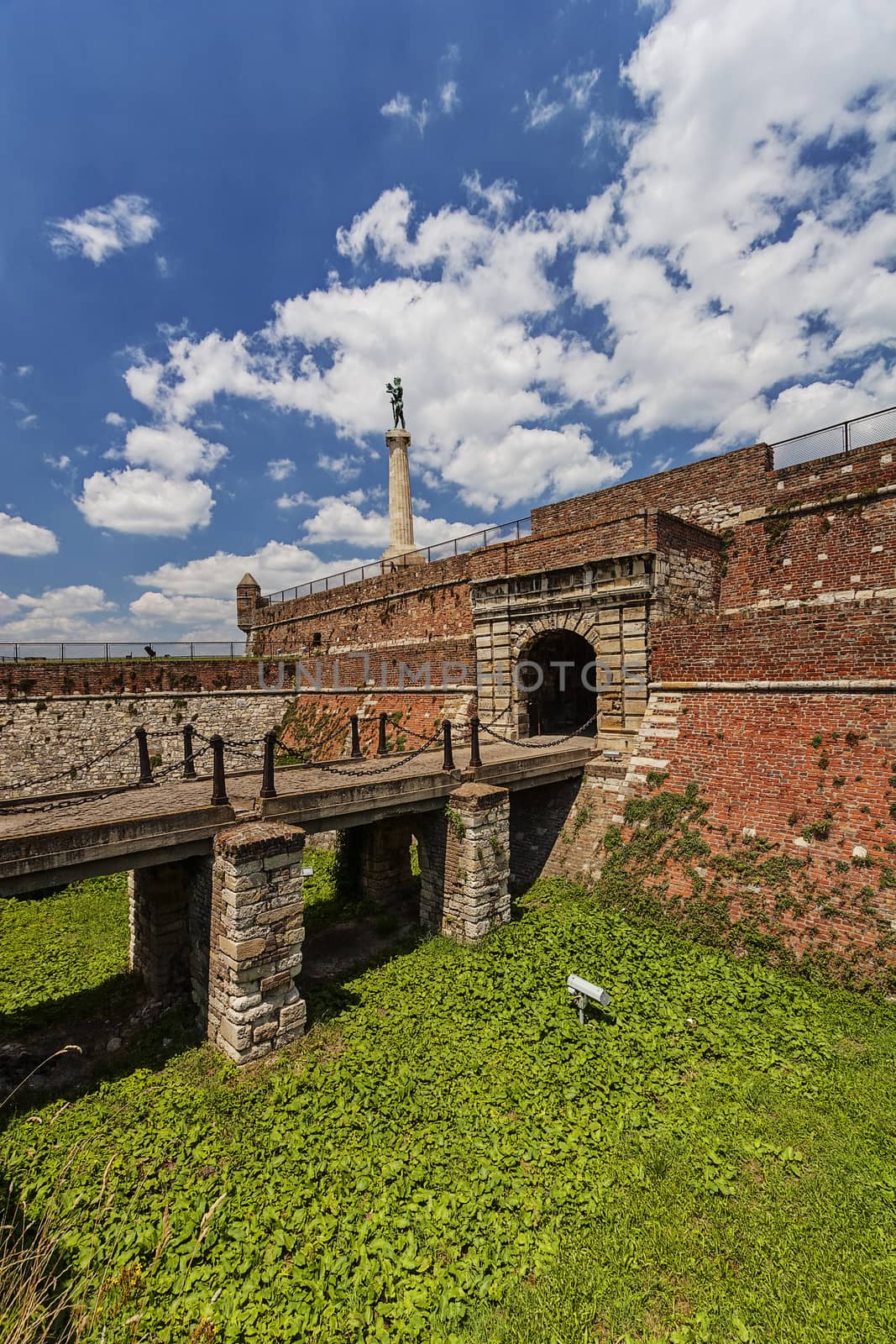 Belgrade medieval walls of fortress and victor monument in day time, Serbia