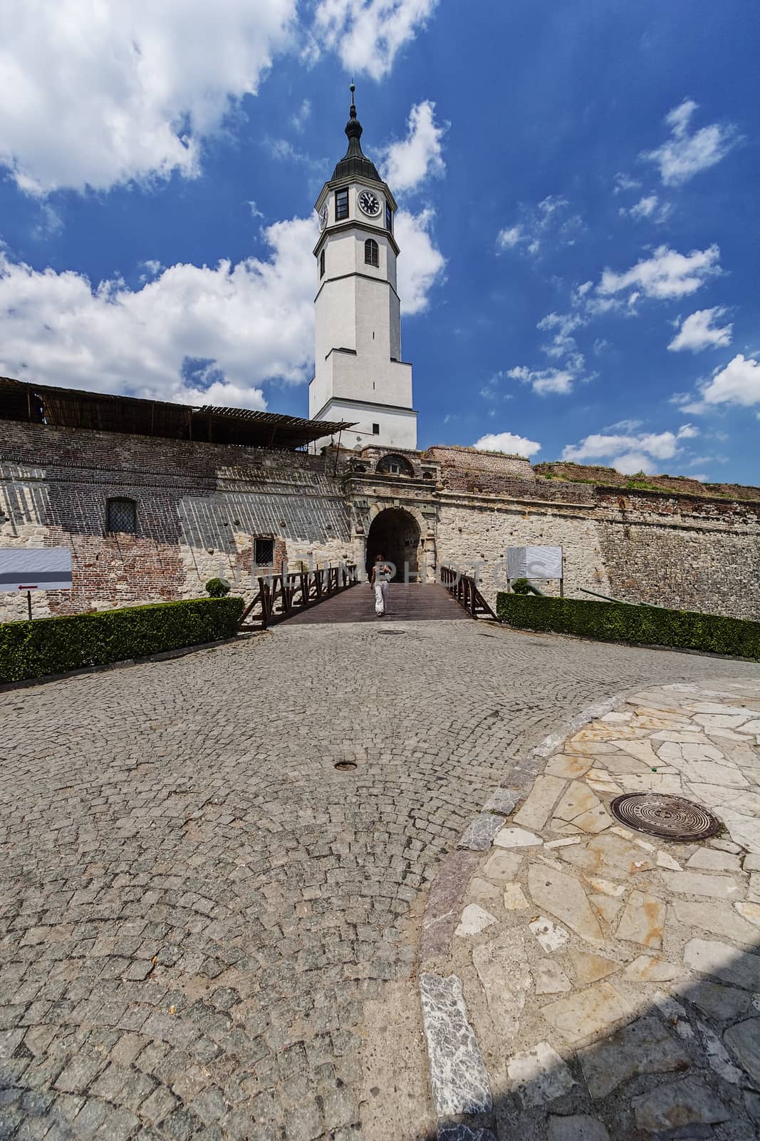 Belgrade medieval walls of fortress and old clock tower in day time, Serbia