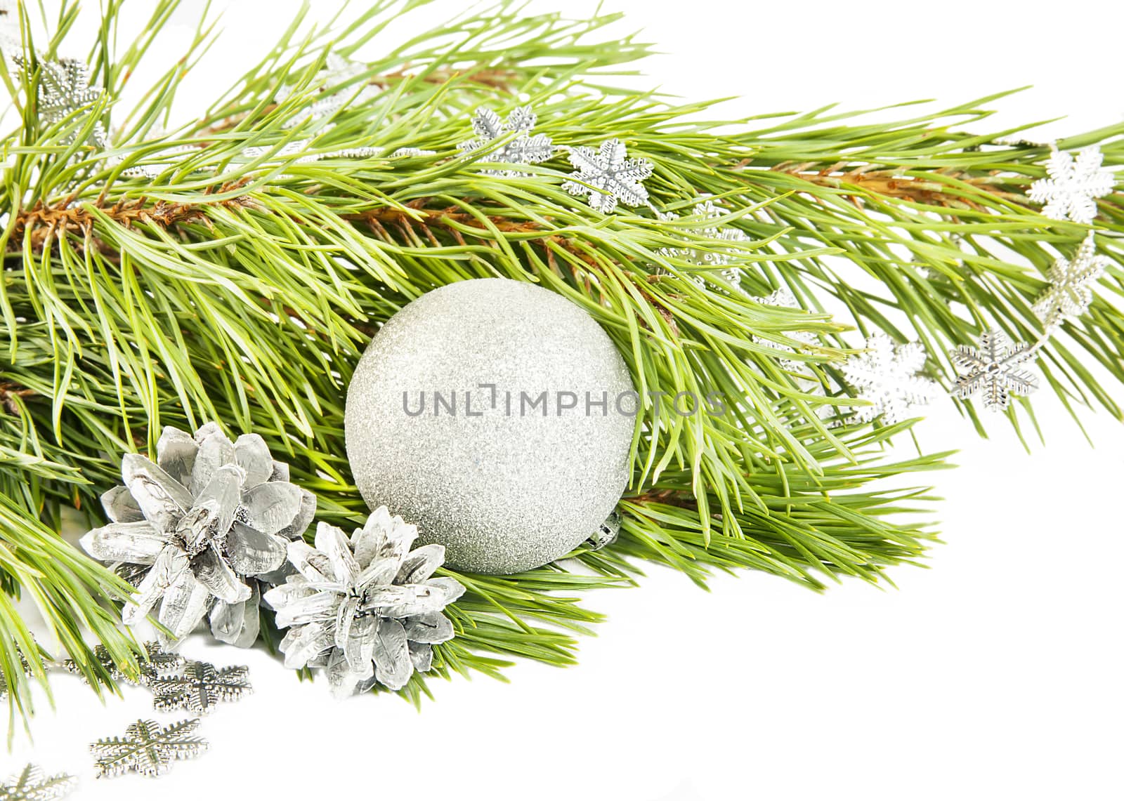 New year composition with fir tree, silver cones and ball close up
