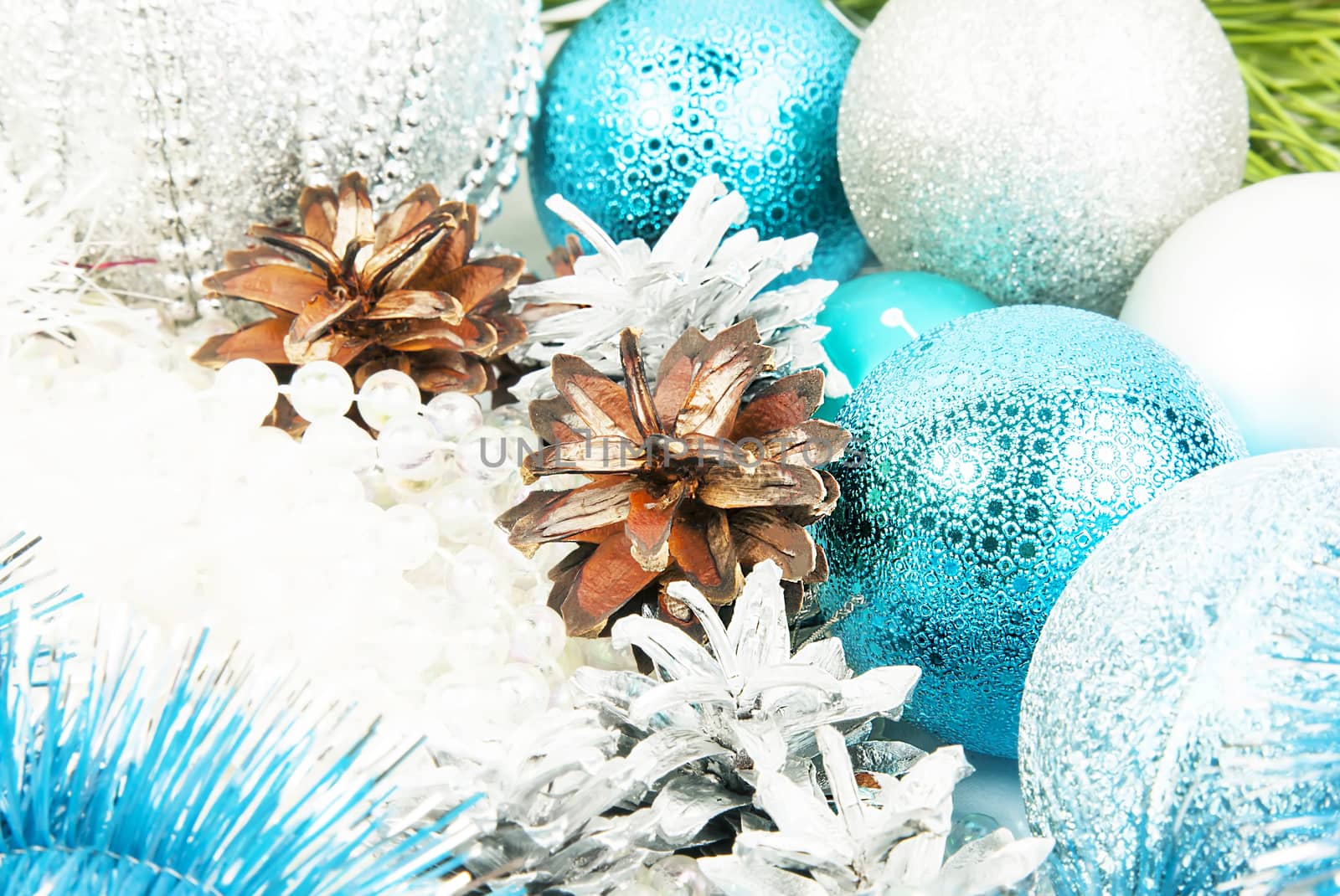 New year silver and blue decorations on white background by RawGroup