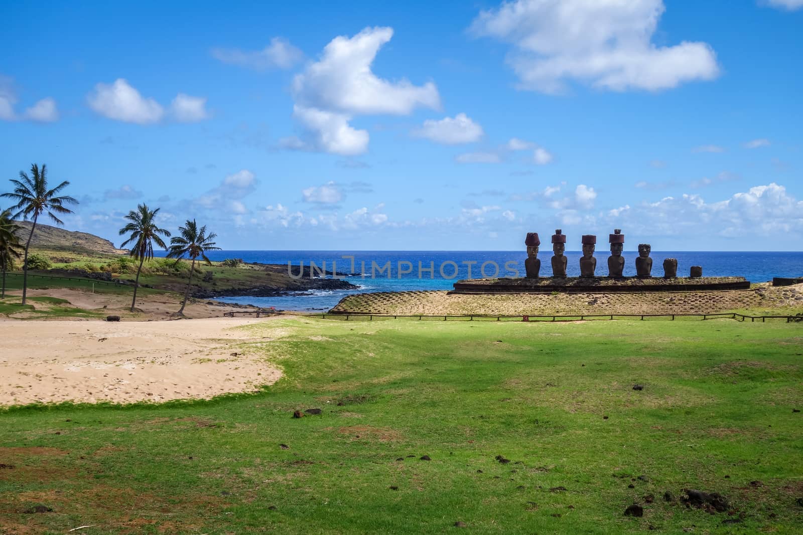 Anakena palm beach and Moais statues site ahu Nao Nao, easter island, Chile