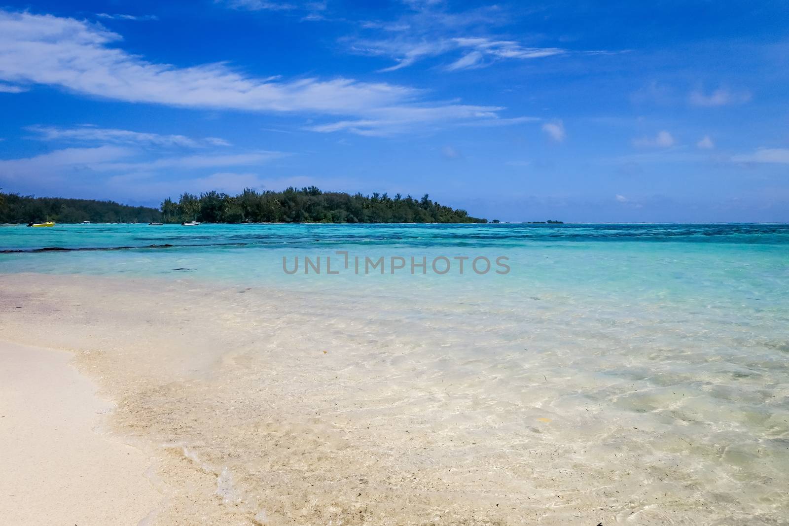 Tropical white sand beach and lagoon in Moorea Island. French Polynesia