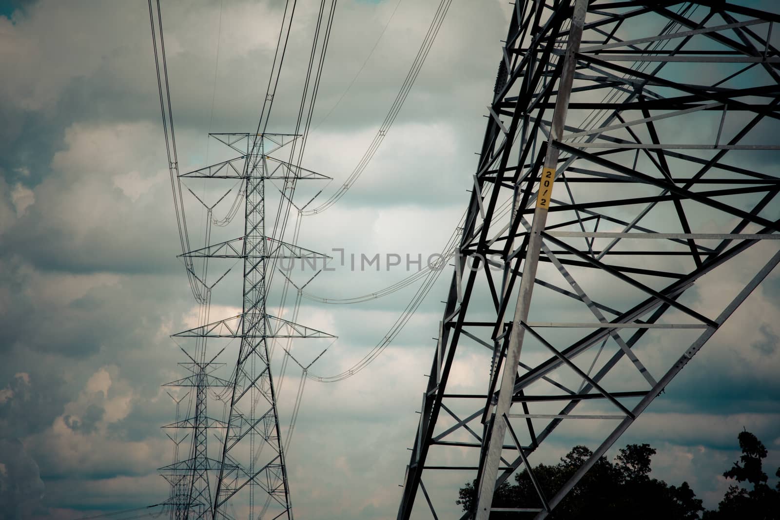 High-voltage power lines in rice fields