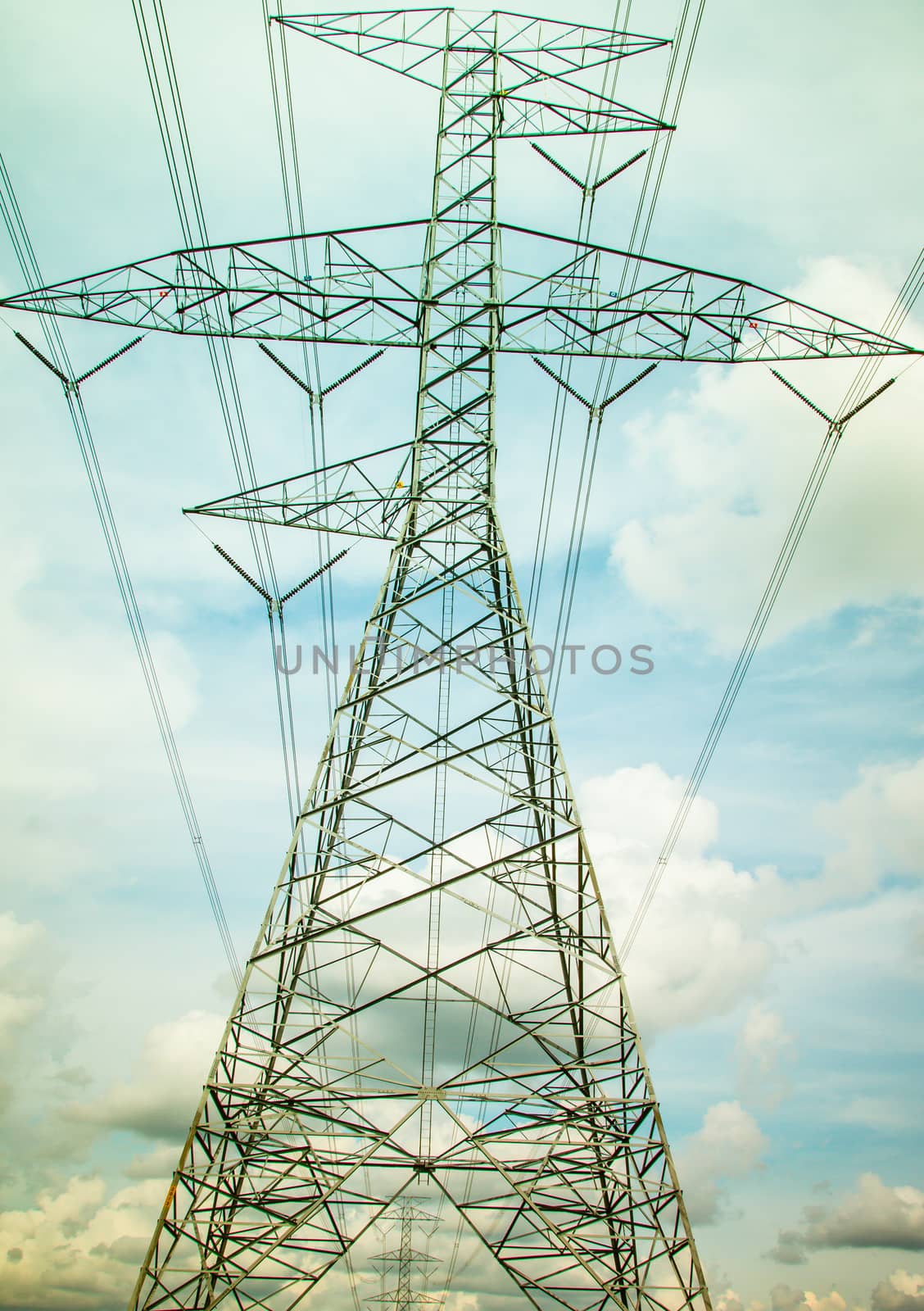 High-voltage power lines in rice fields