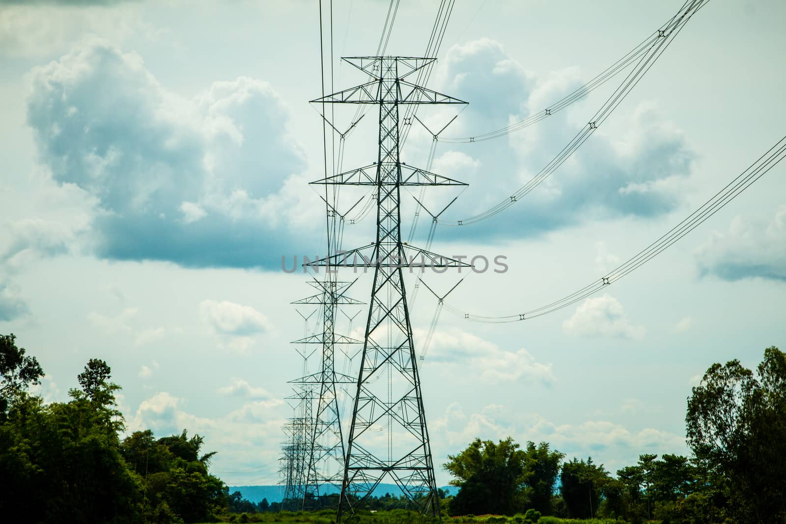 High-voltage power lines in rice fields