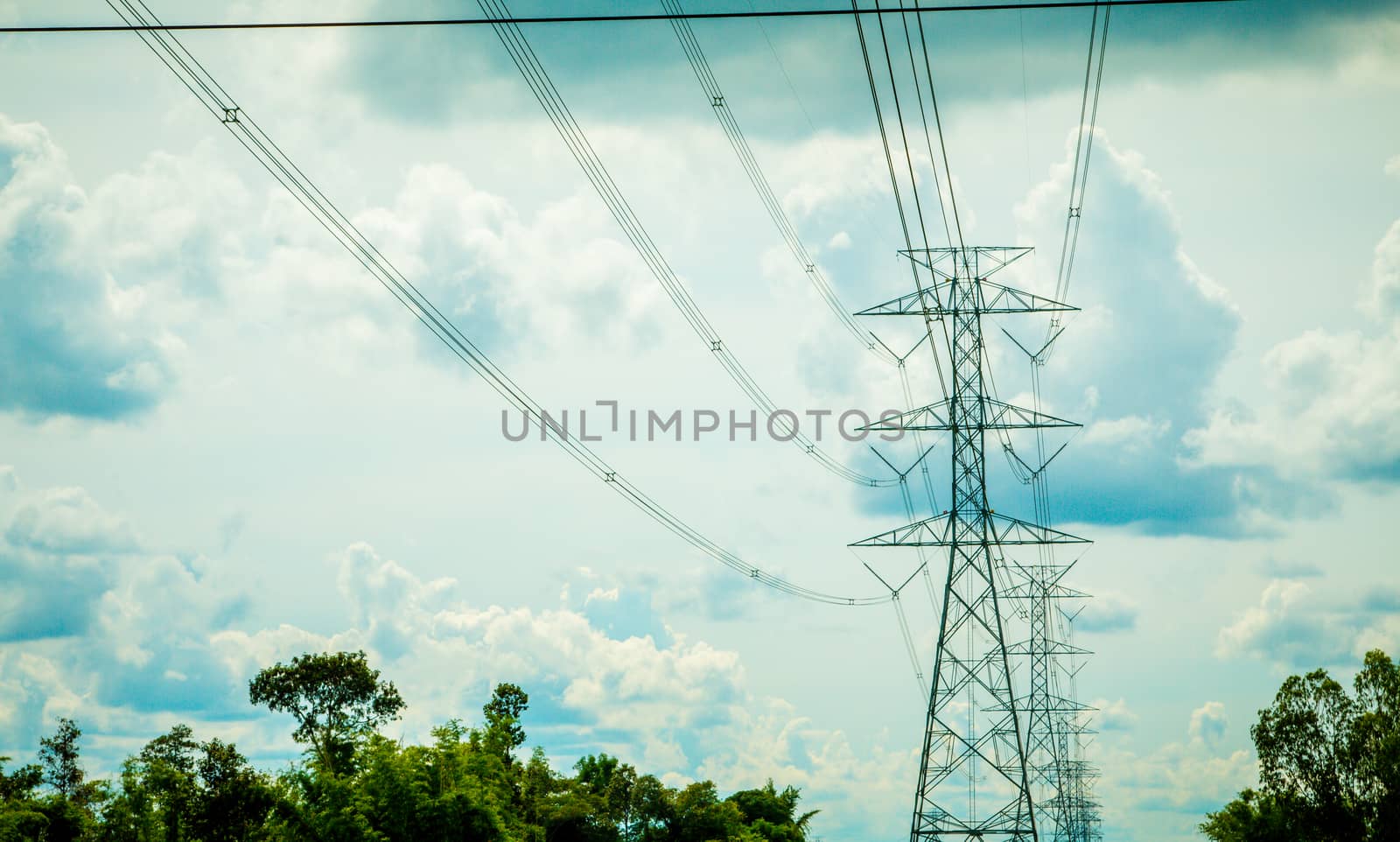 High-voltage power lines in rice fields