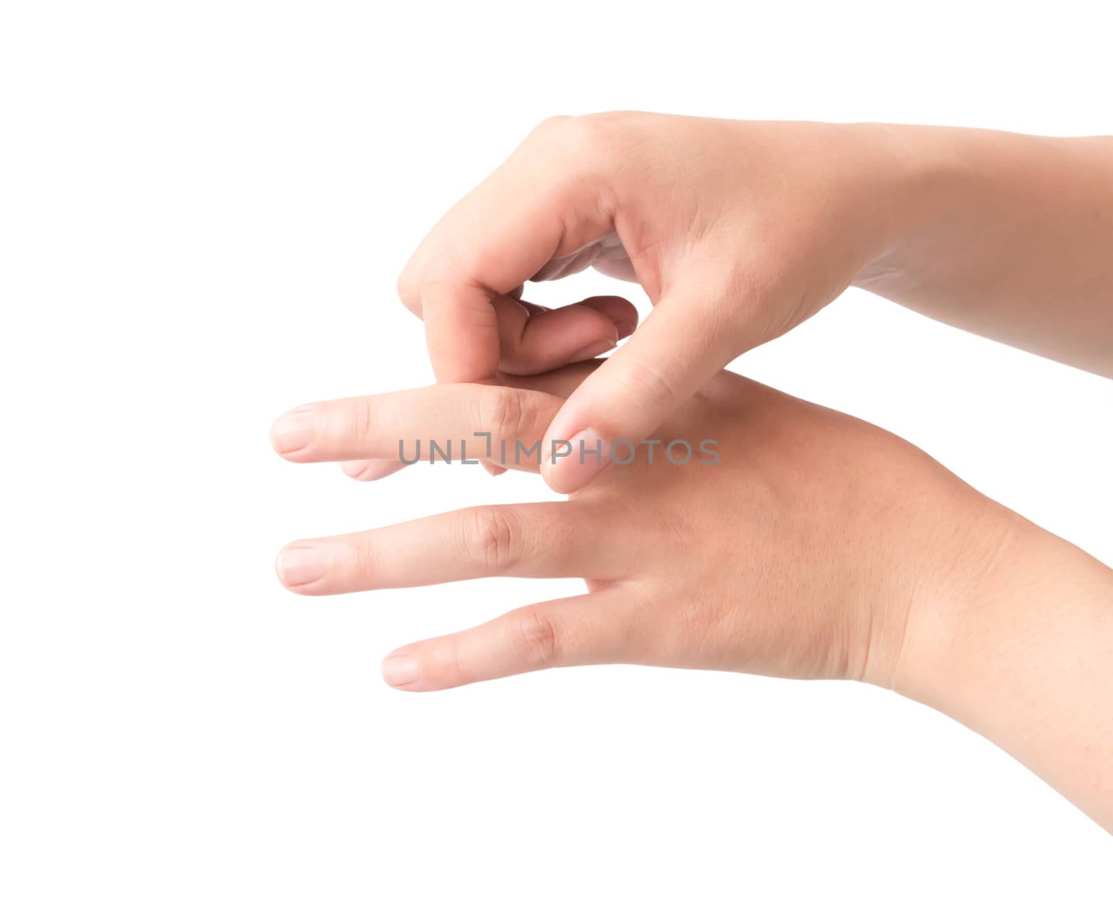 Young woman finger pain isolate on white background