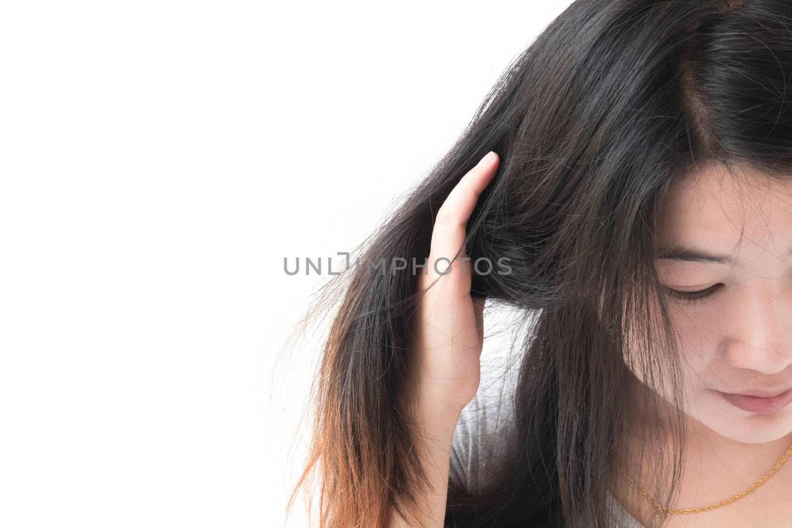 Woman serious damaged hair problem for health care shampoo and beauty product concept