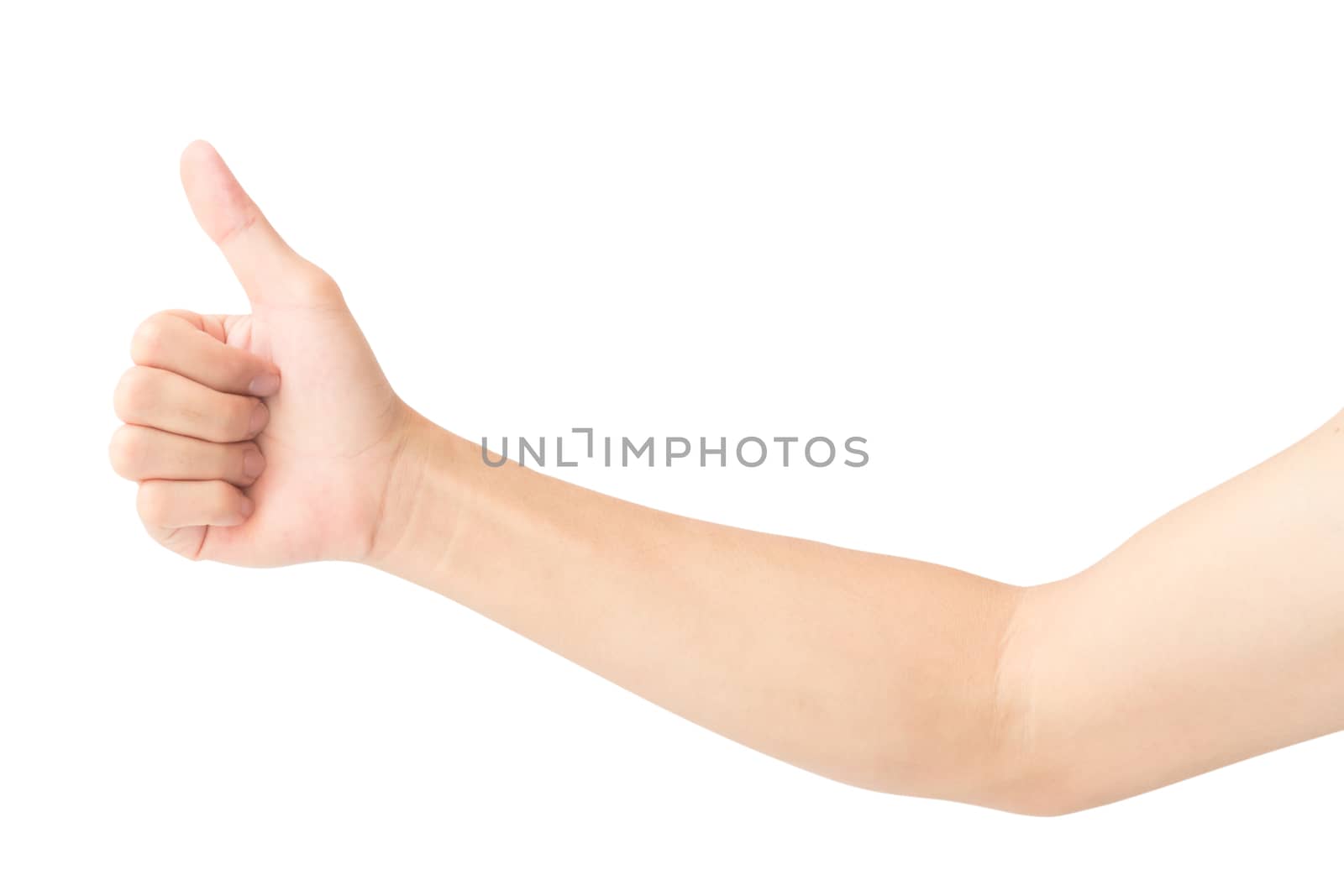 Young man hand thumbs up for good feeling with white background