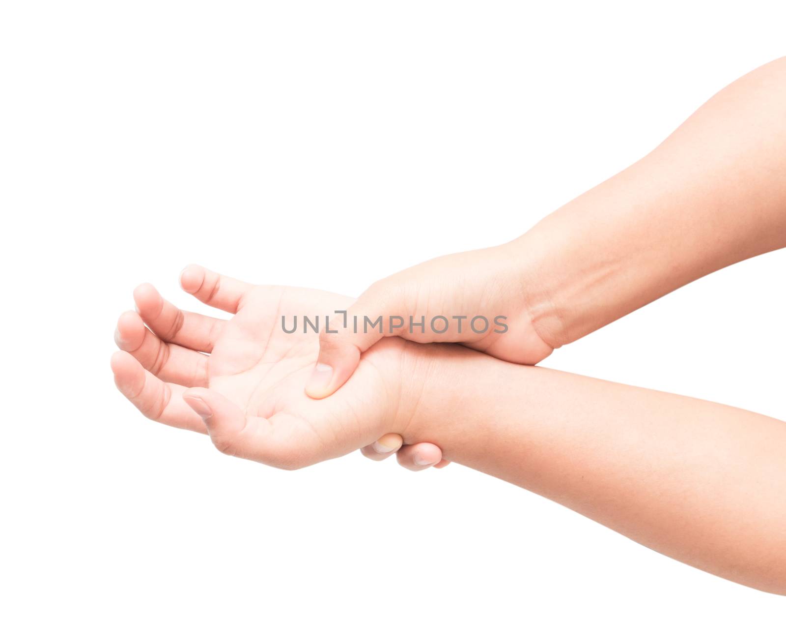 Woman hand holding her wrist on white background, health care and medical concept