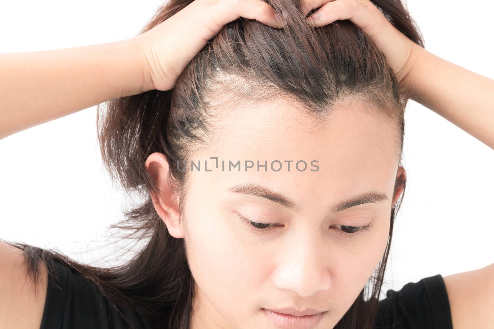 Woman serious hair loss problem for health care shampoo and beauty product concept