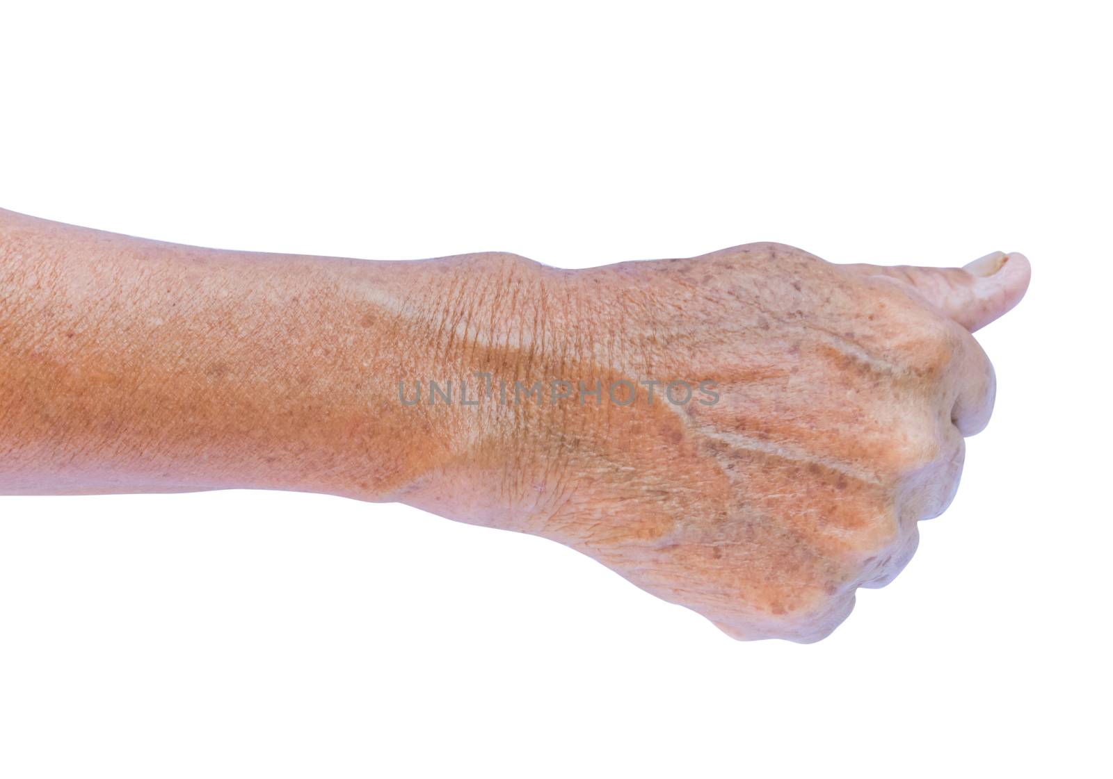 Old woman's arm with wrinkles on arm with white background, beauty care and health care concept