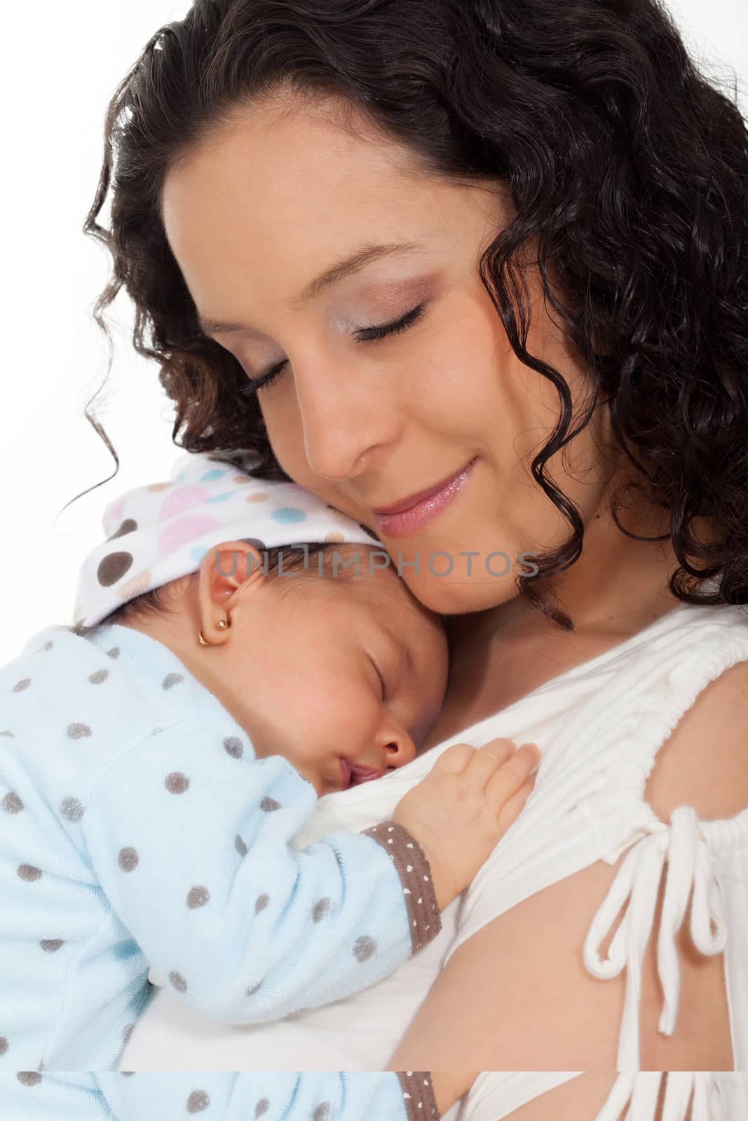 Mother with her one month baby girl on white background