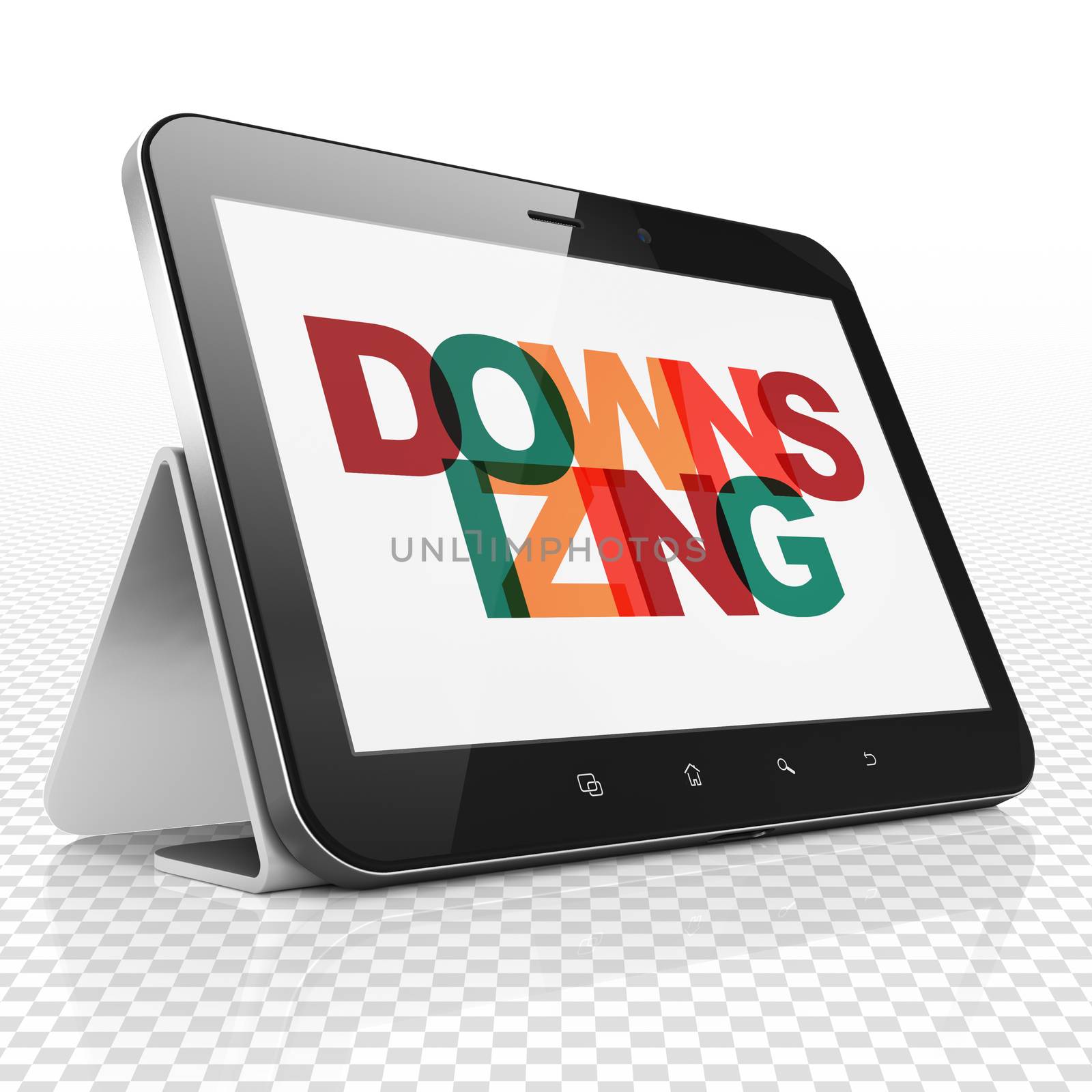 Business concept: Tablet Computer with Painted multicolor text Downsizing on display, 3D rendering