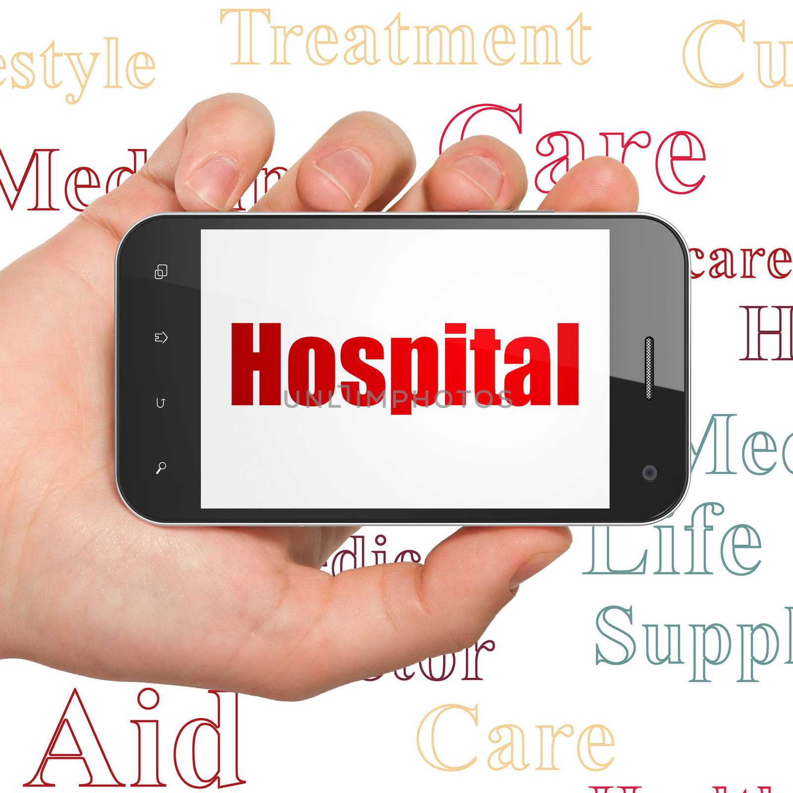 Medicine concept: Hand Holding Smartphone with Hospital on display by maxkabakov