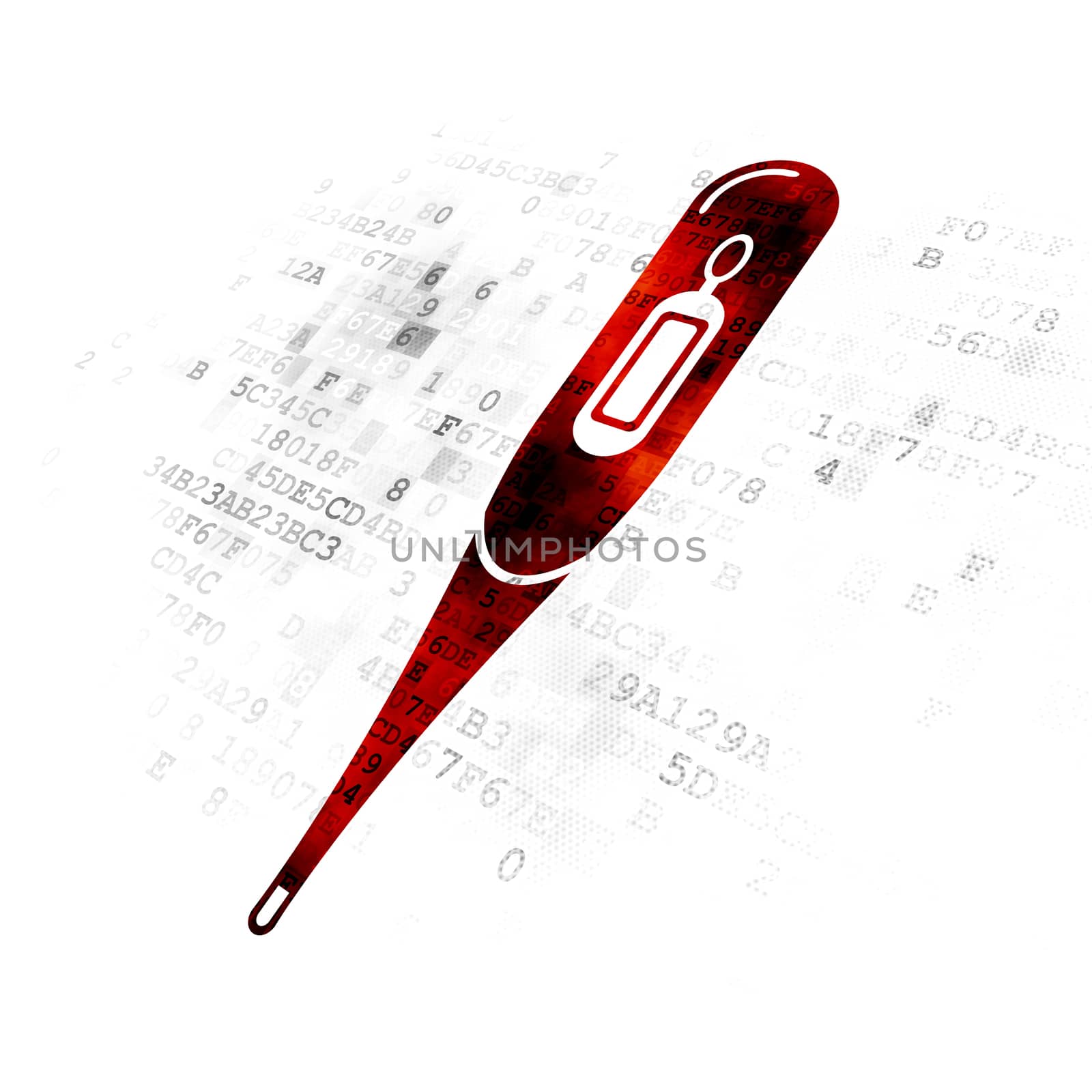 Healthcare concept: Pixelated red Thermometer icon on Digital background