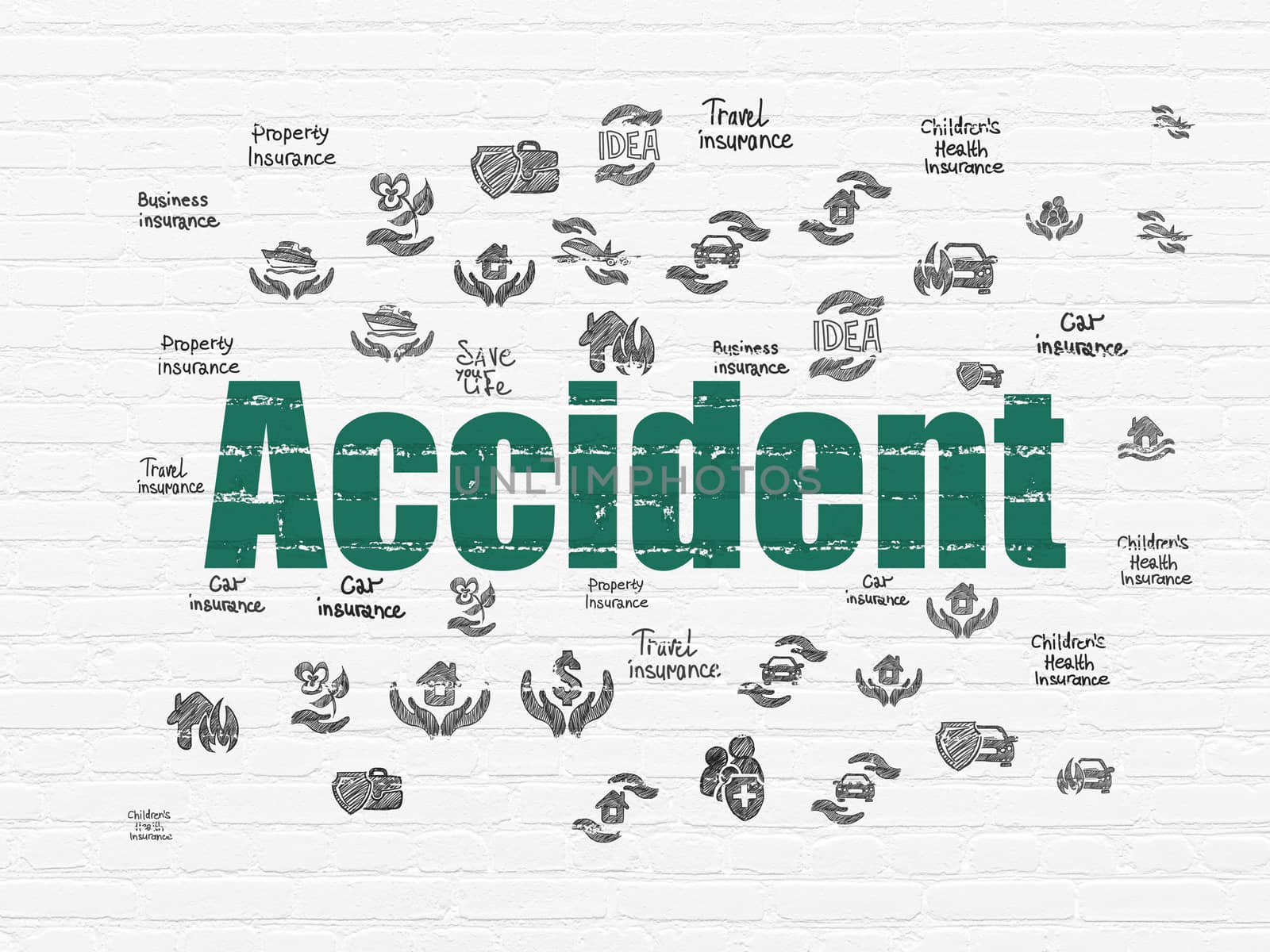 Insurance concept: Painted green text Accident on White Brick wall background with  Hand Drawn Insurance Icons