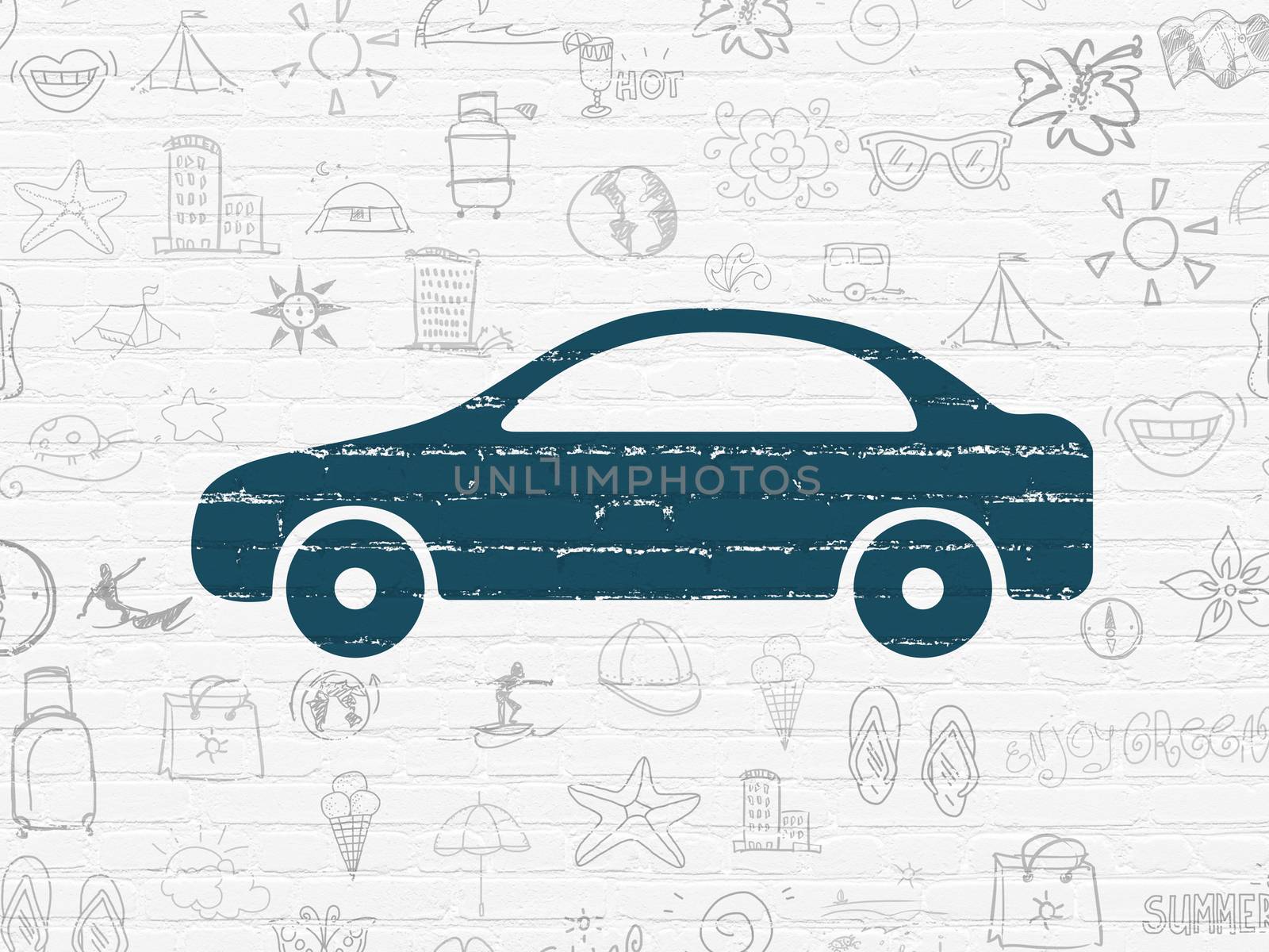 Tourism concept: Painted blue Car icon on White Brick wall background with  Hand Drawn Vacation Icons