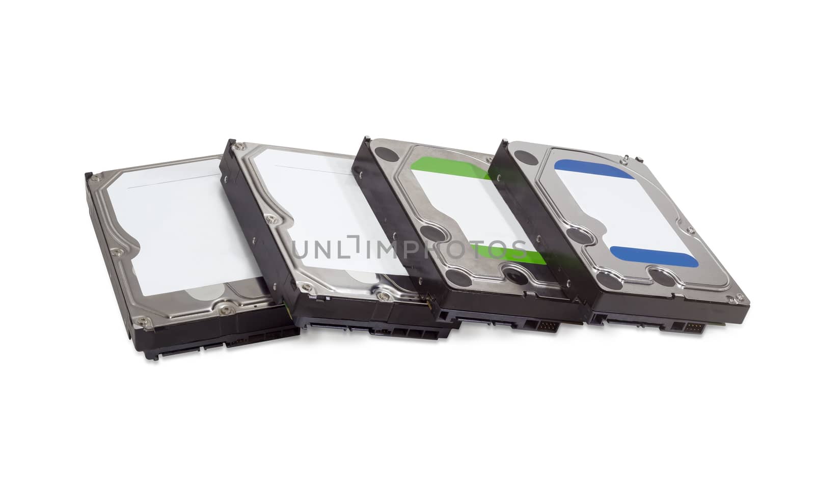 Several different hard disk drives on a white background by anmbph