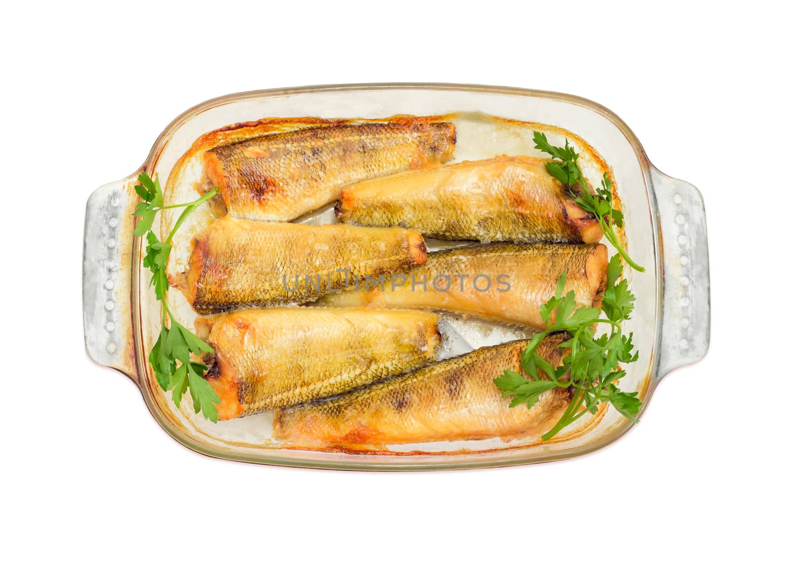 Baked notothenia fish in the glass casserole dish