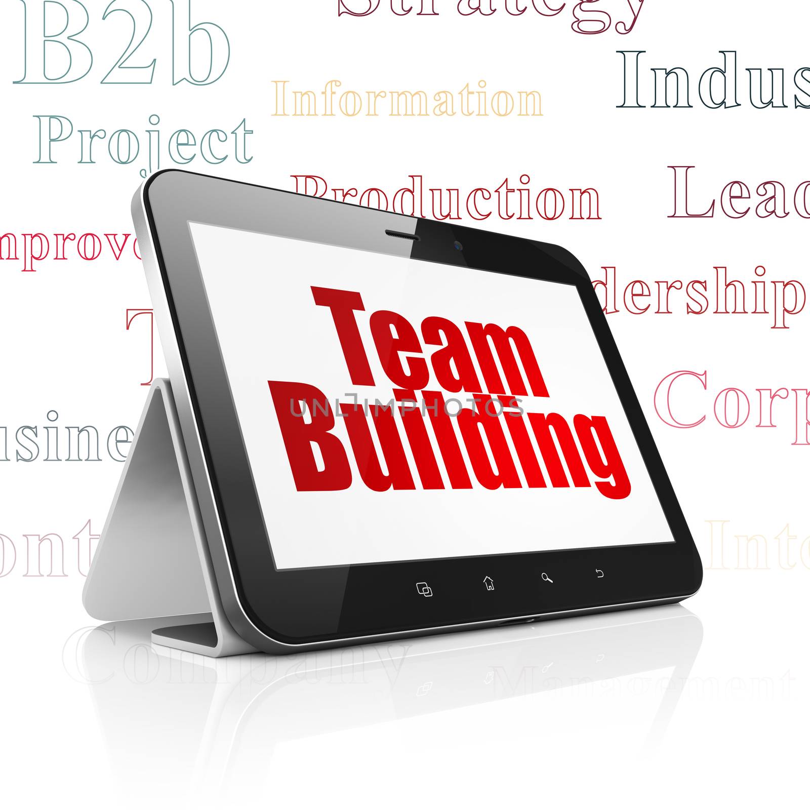 Business concept: Tablet Computer with  red text Team Building on display,  Tag Cloud background, 3D rendering