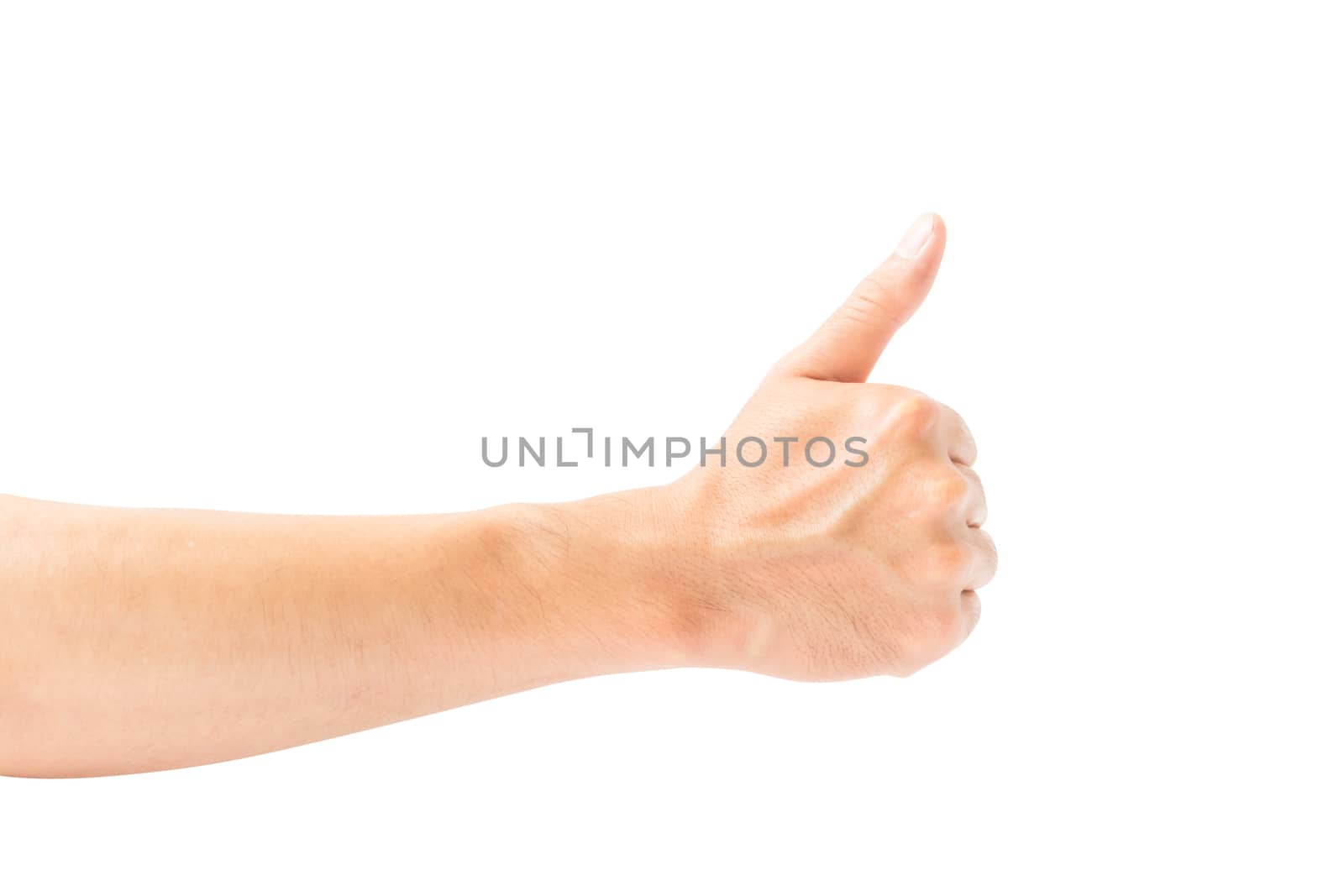 Young man hand thumbs up for good feeling with white background