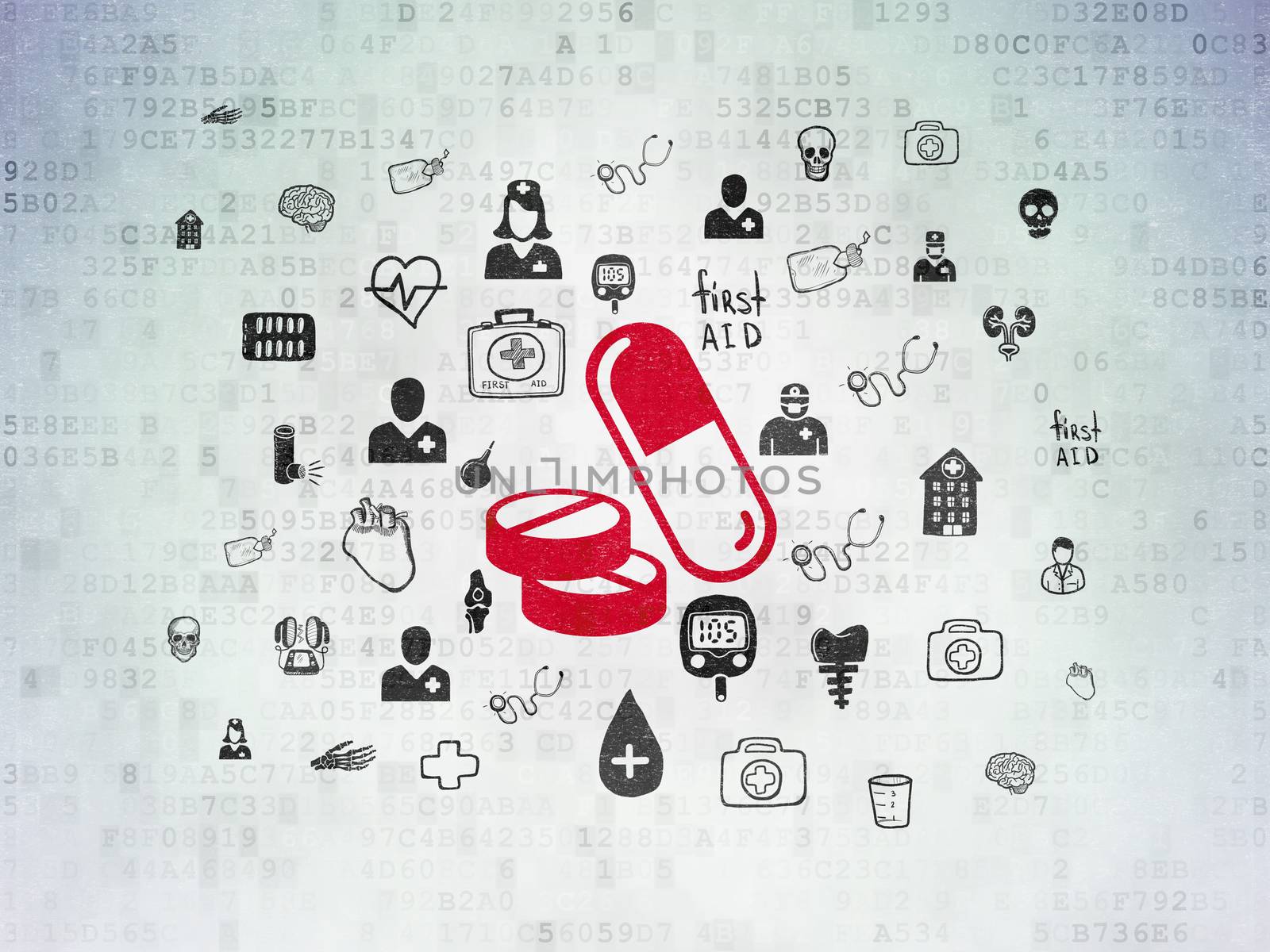 Medicine concept: Painted red Pills icon on Digital Data Paper background with  Hand Drawn Medicine Icons
