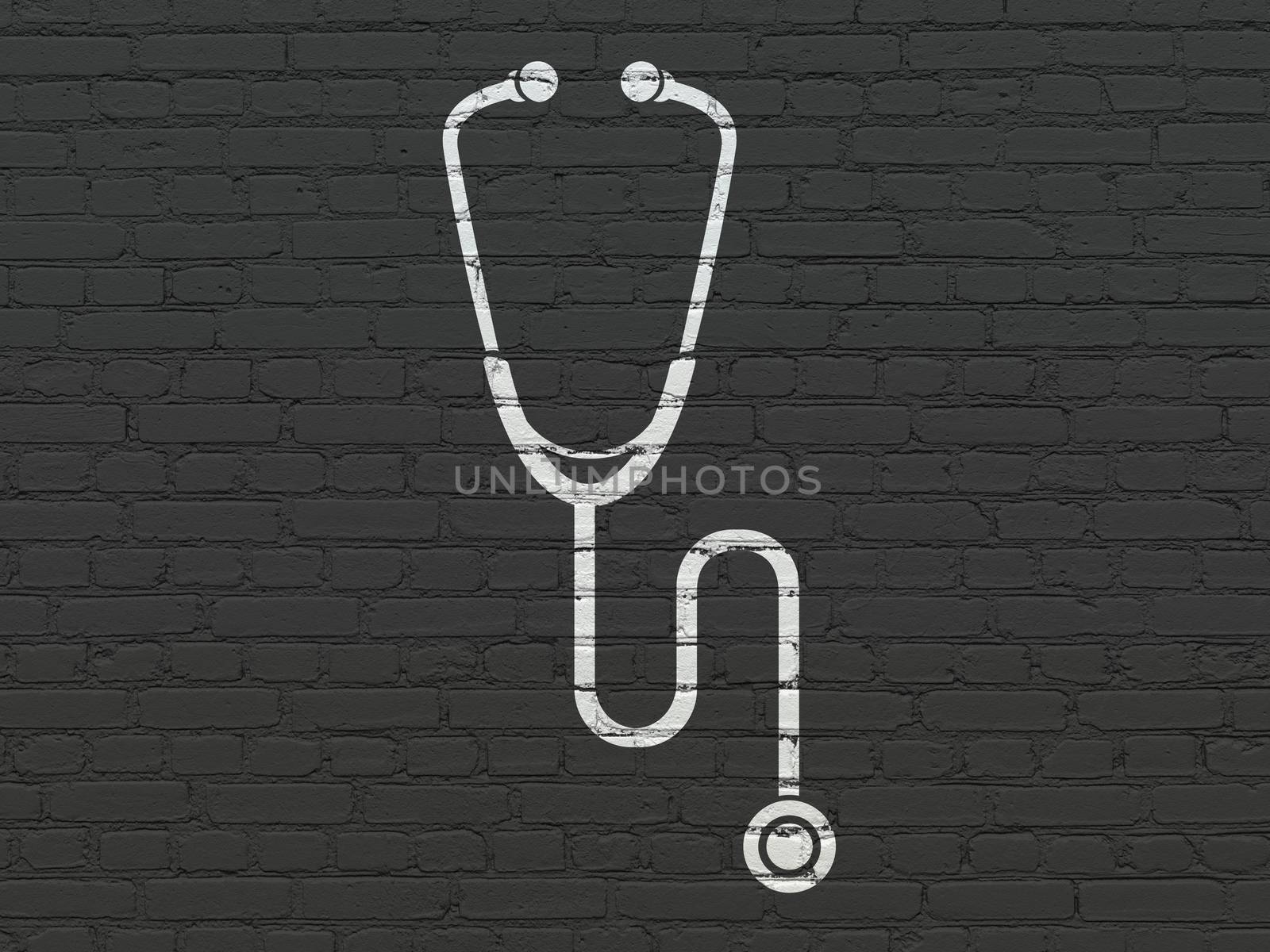 Medicine concept: Painted white Stethoscope icon on Black Brick wall background