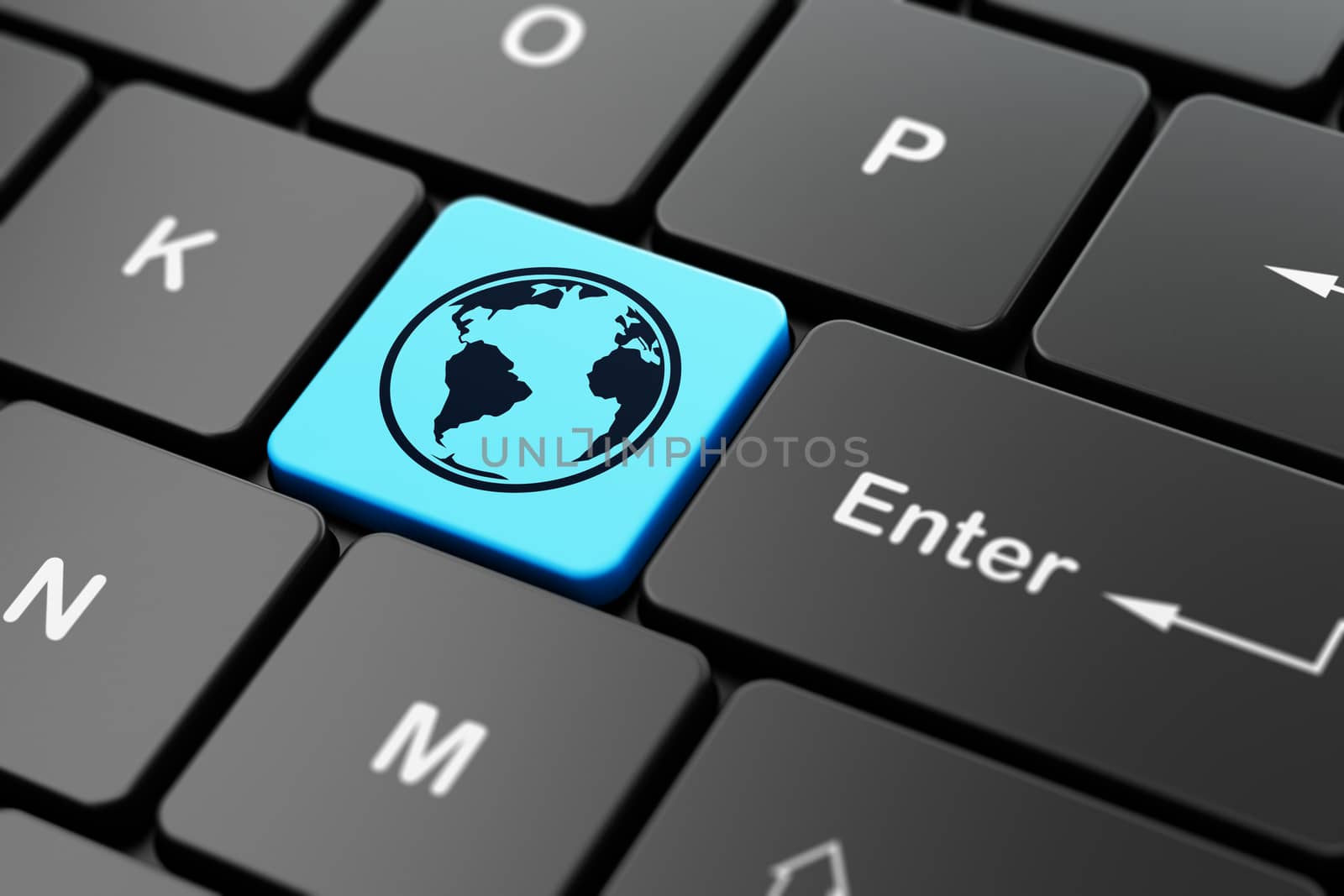 Science concept: computer keyboard with Globe icon on enter button background, 3D rendering