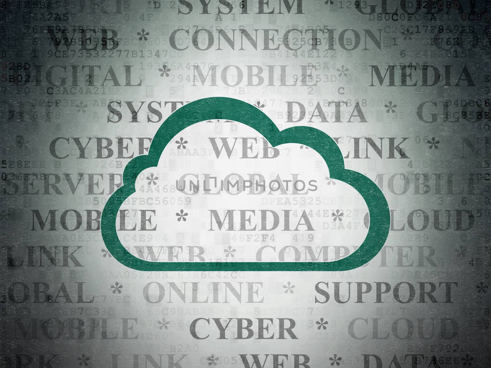 Cloud networking concept: Painted green Cloud icon on Digital Data Paper background with  Tag Cloud