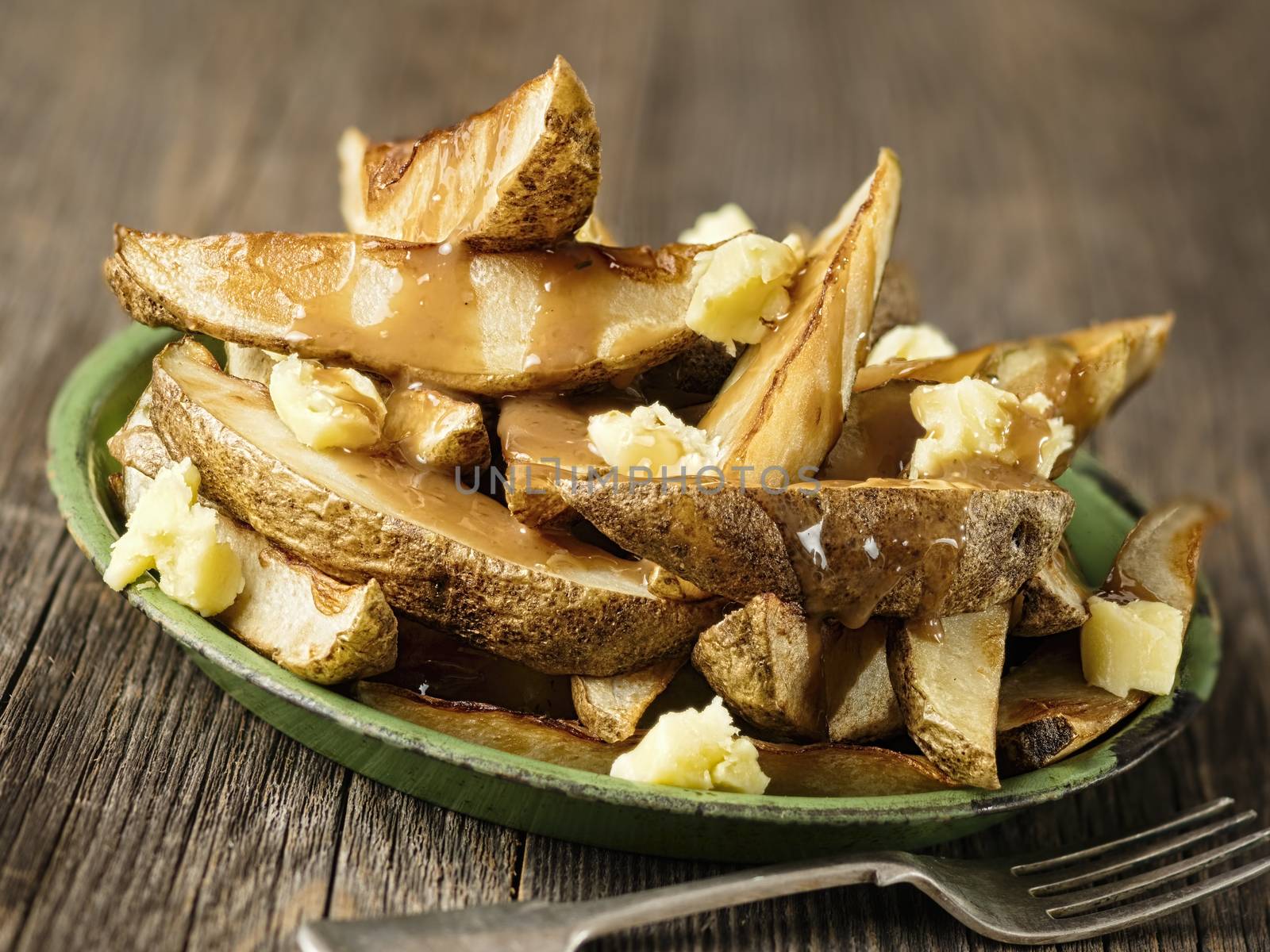 close up of rustic canadian poutine