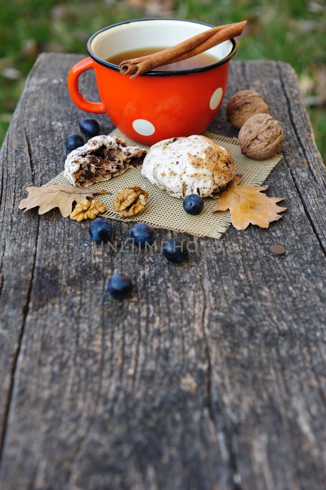 Romantic autumn still life with cookies, cup of tea, walnuts, blackthorn berries and oak leaves