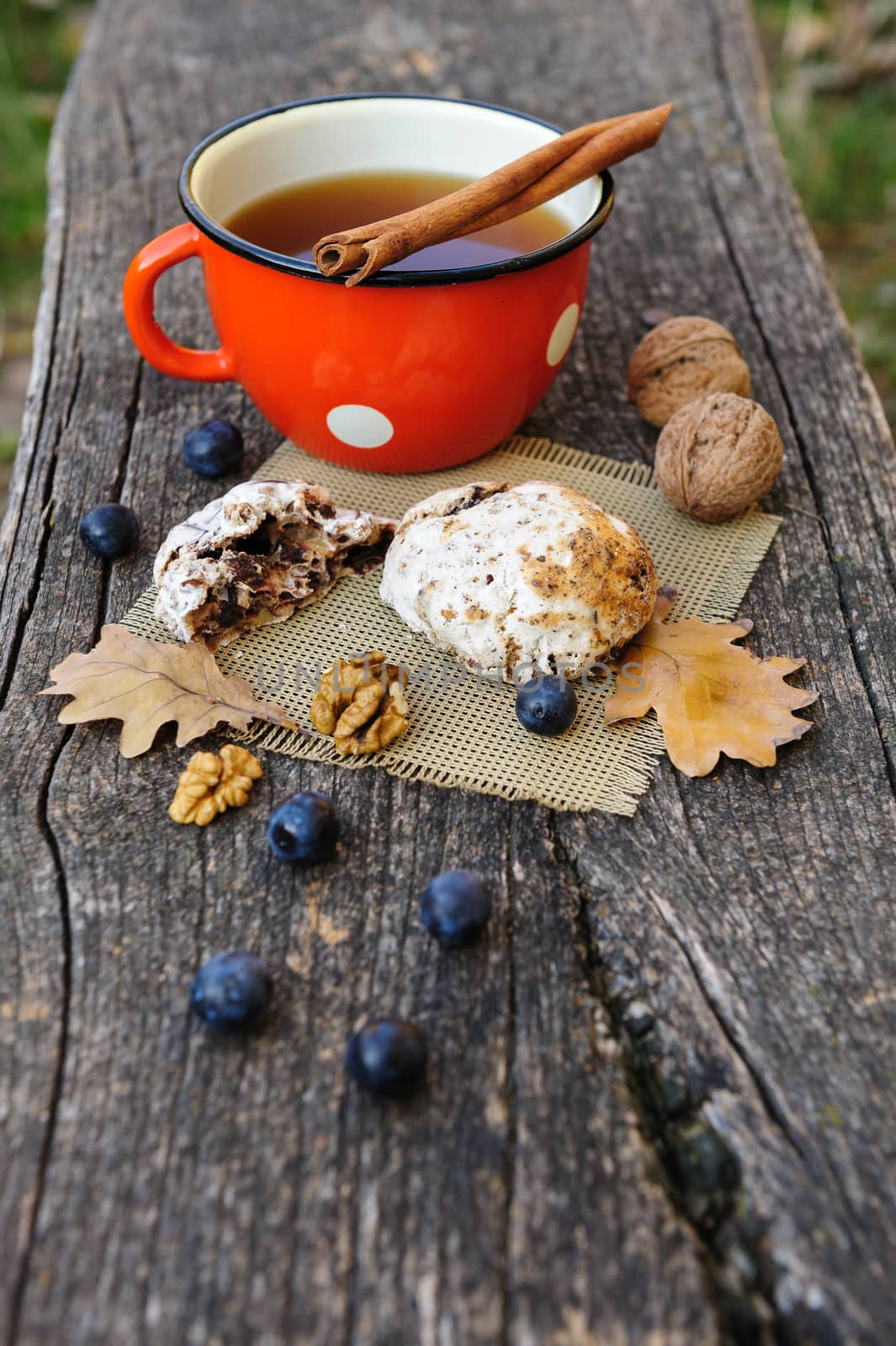 Romantic autumn still life with cookies, cup of tea, walnuts, blackthorn berries and oak leaves