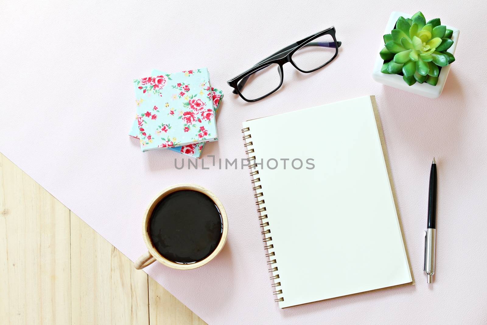 Still life, business, office supplies or education concept : Top view or flat lay of open notebook paper with blank pages, accessories and coffee cup on wooden background, ready for adding or mock up