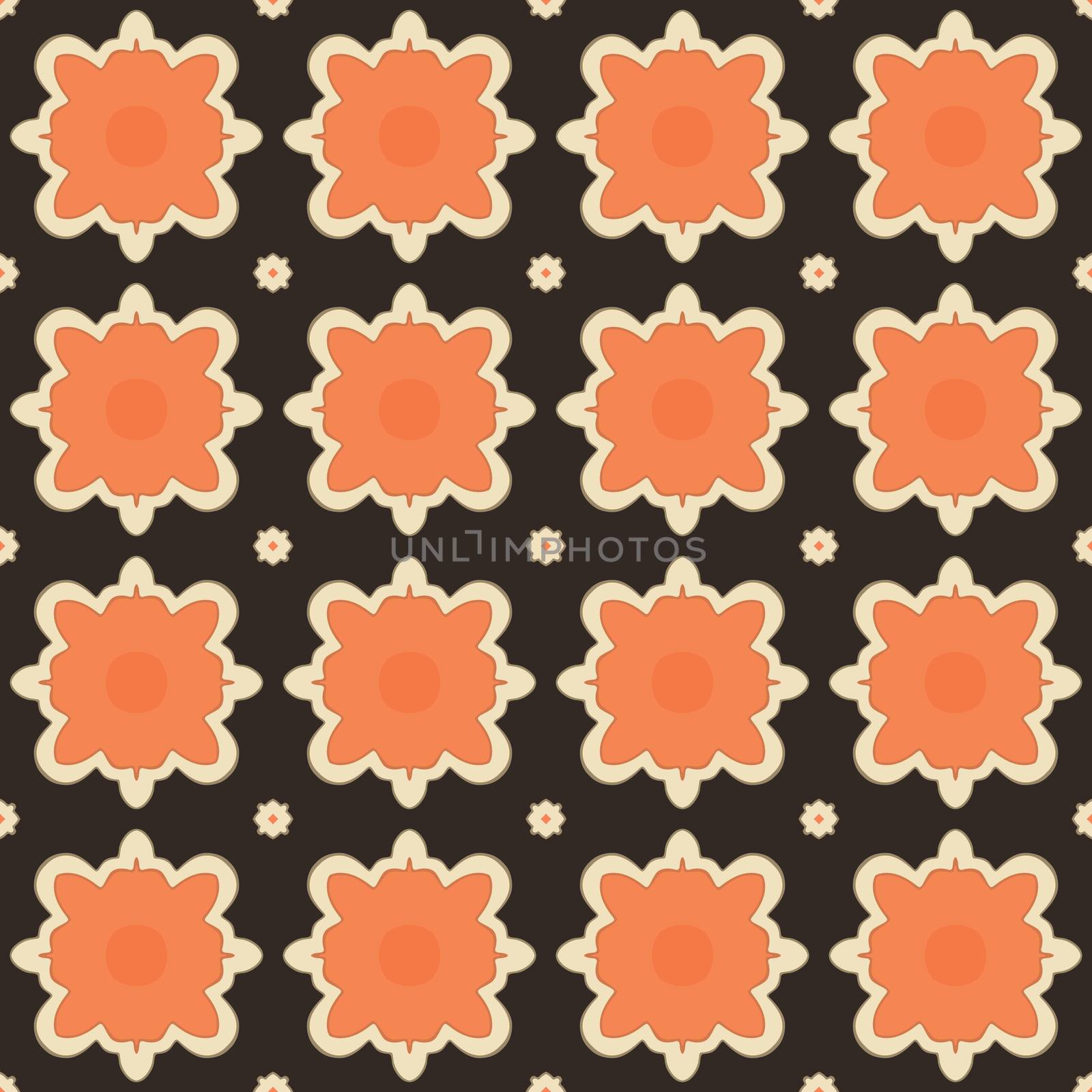 Seamless illustrated pattern made of abstract elements in beige, orange and black