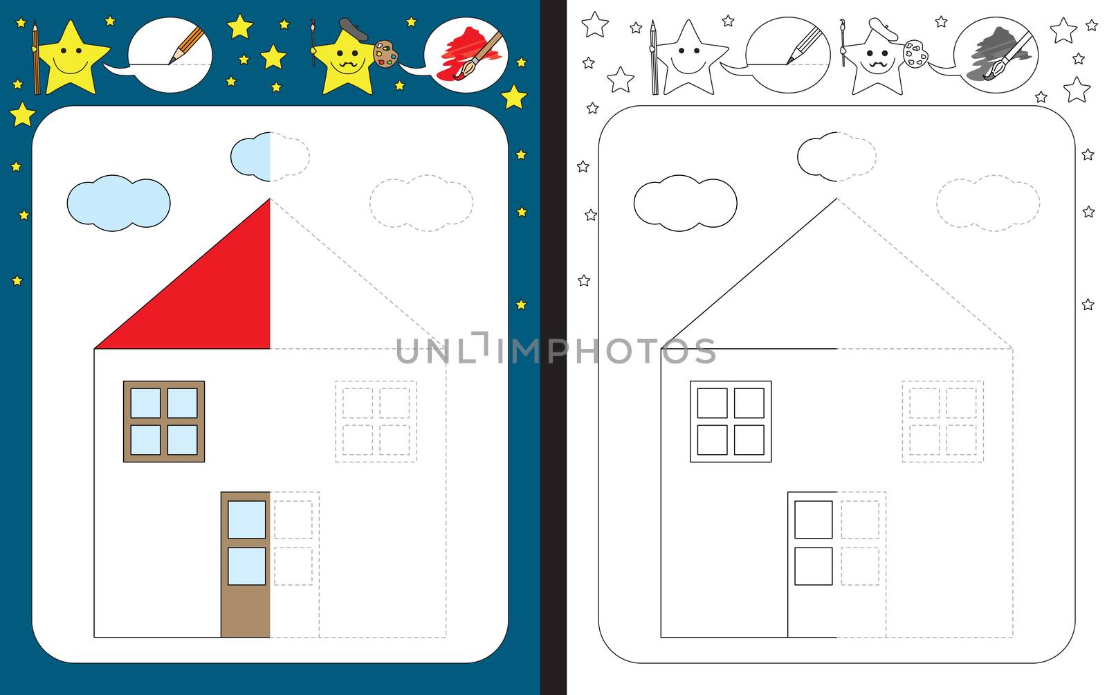 Preschool worksheet for practicing fine motor skills - tracing dashed lines - finish the illustration of the house