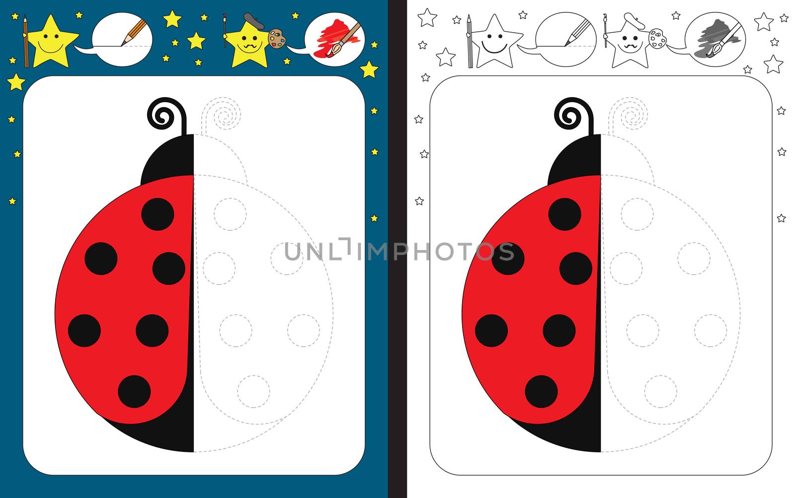 Preschool worksheet for practicing fine motor skills - tracing dashed lines - finish the illustration of ladybug