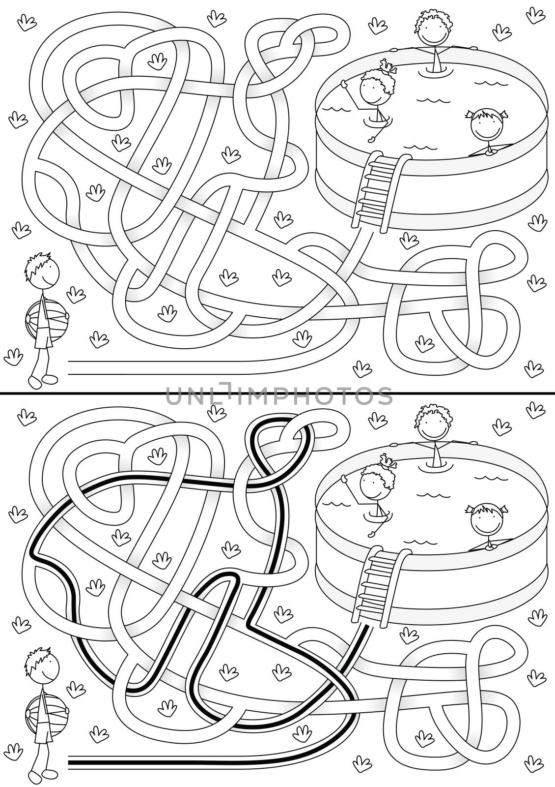 Summer maze for kids with a solution in black and white